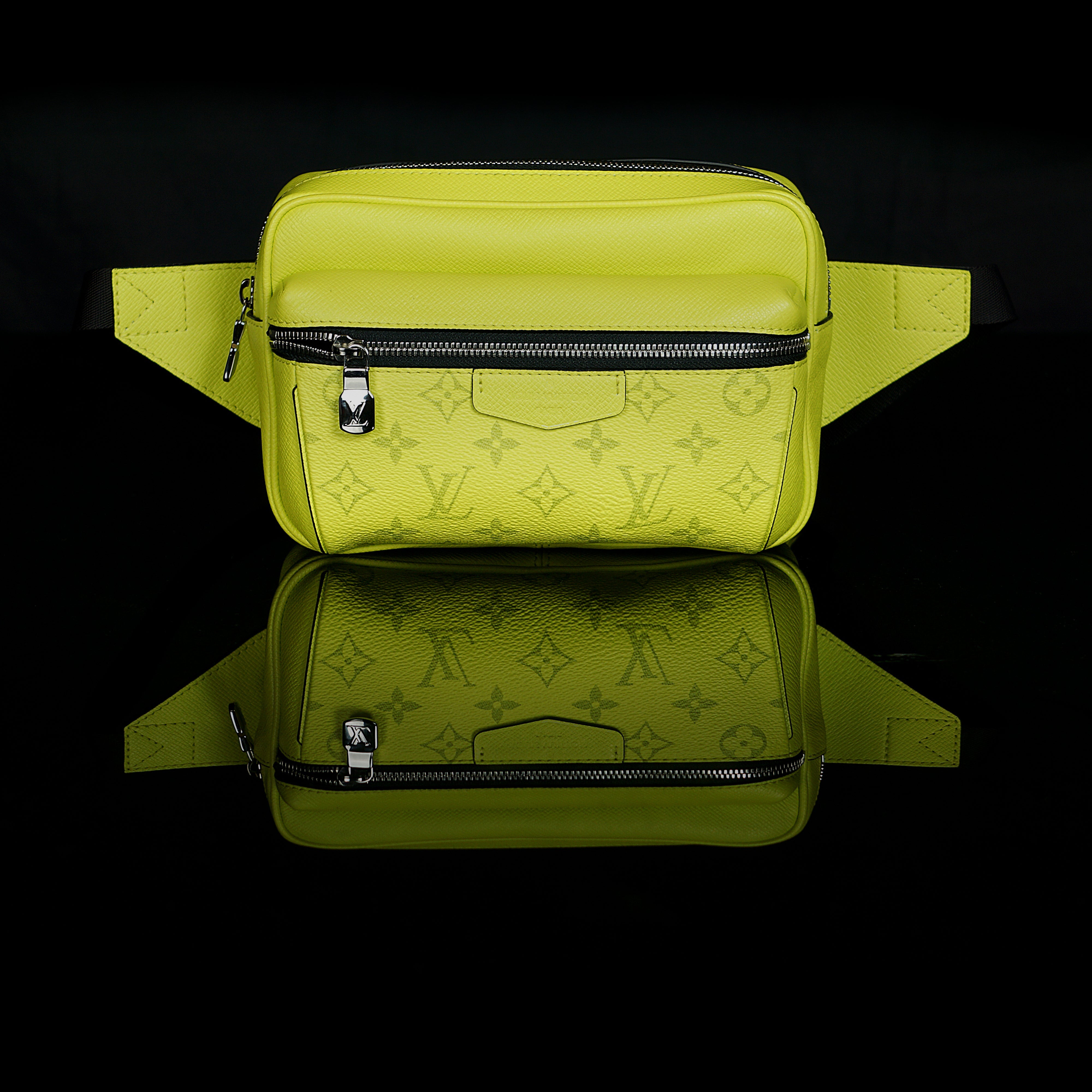 Louis Vuitton-Bumbag-8.27 x 6.69 x 1.97 inches ( length x height x width ) 20.8 x H 16.7 x W 5 cm/L 8.2 x H 6.6 x W 2.0 inches Lime Green Taïga cowhide leather and Monogram Bahia coated canvas Cowhide leather trim Textile lining Silver-colour hardware Adj