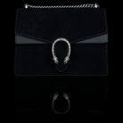 Gucci-Dionysus Shoulder Bag-Black Suede , a material with low environmental impact. Antique silver-toned hardware Tiger head closure Interior zippered compartment Pocket under the flap External rear pocket Sliding chain strap can be worn as a shoulder strap with 35 drop or can be worn as a top handle with 22 drop Medium size: W30cm x H21cm x D10cm Leather lining with interior pockets Made in Italy The model is 178 cm-fabriqe.com