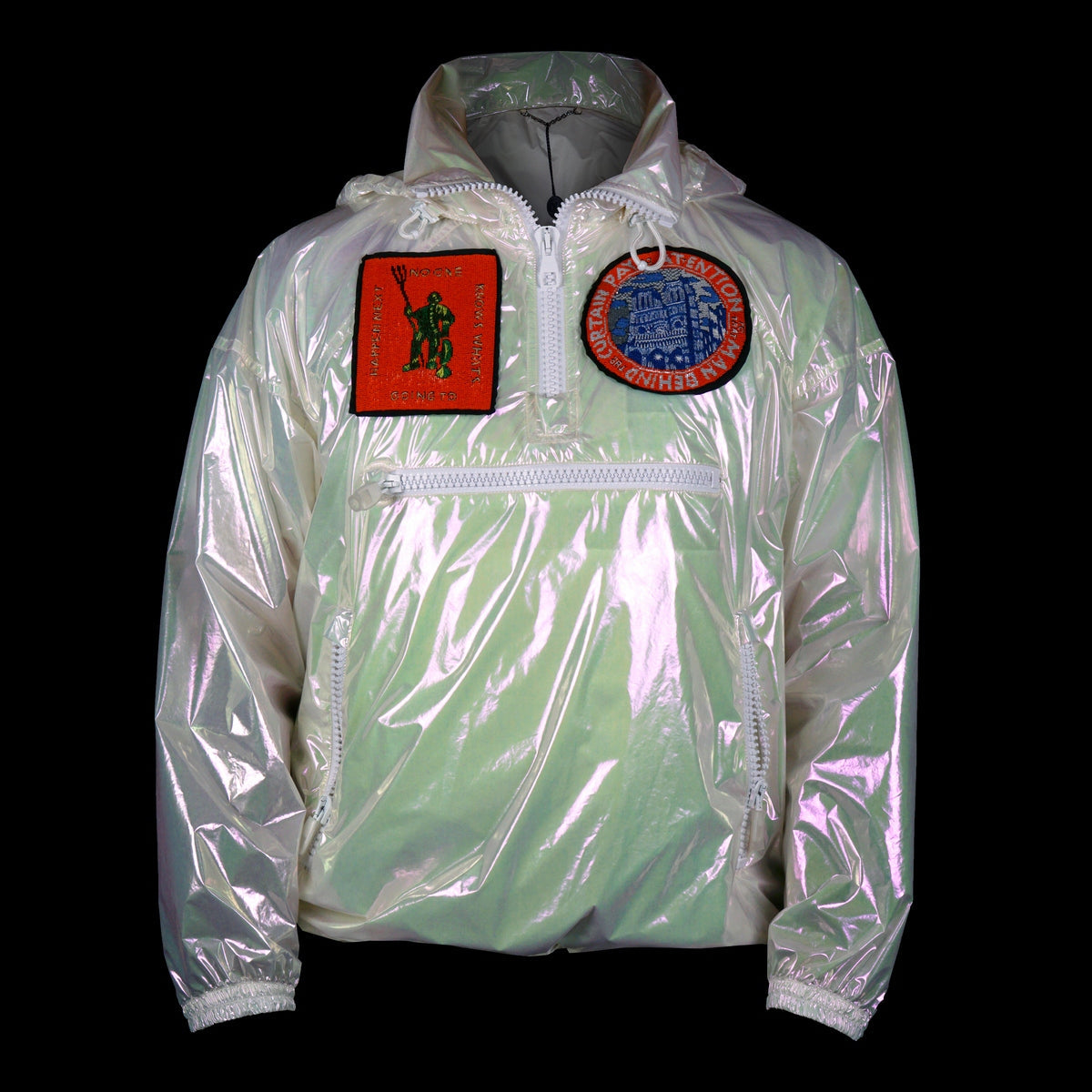 Louis Vuitton-Windbreaker-Colour: Iridescent Style: Windbreaker Material: Transparent Iridescent PVC Virgil Abloh SS19 exclusive pop up item Zipper front Back LV large logo Beaded patches Zippers along front Drawstring bottom Made in Italy-fabriqe.com