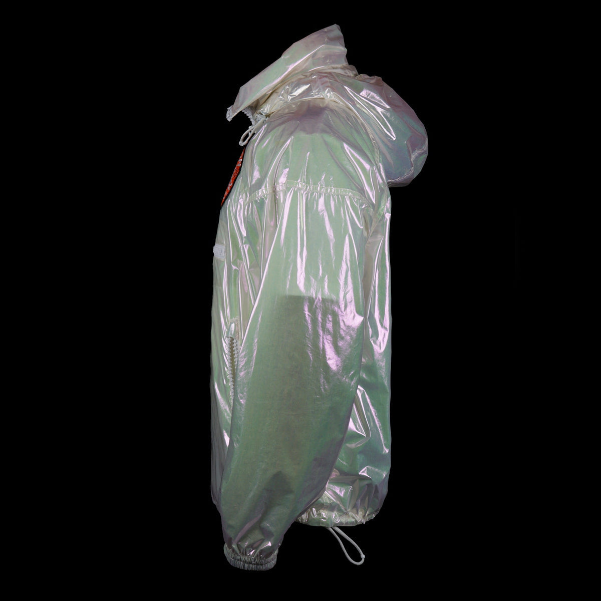 Louis Vuitton-Windbreaker-Colour: Iridescent Style: Windbreaker Material: Transparent Iridescent PVC Virgil Abloh SS19 exclusive pop up item Zipper front Back LV large logo Beaded patches Zippers along front Drawstring bottom Made in Italy-fabriqe.com