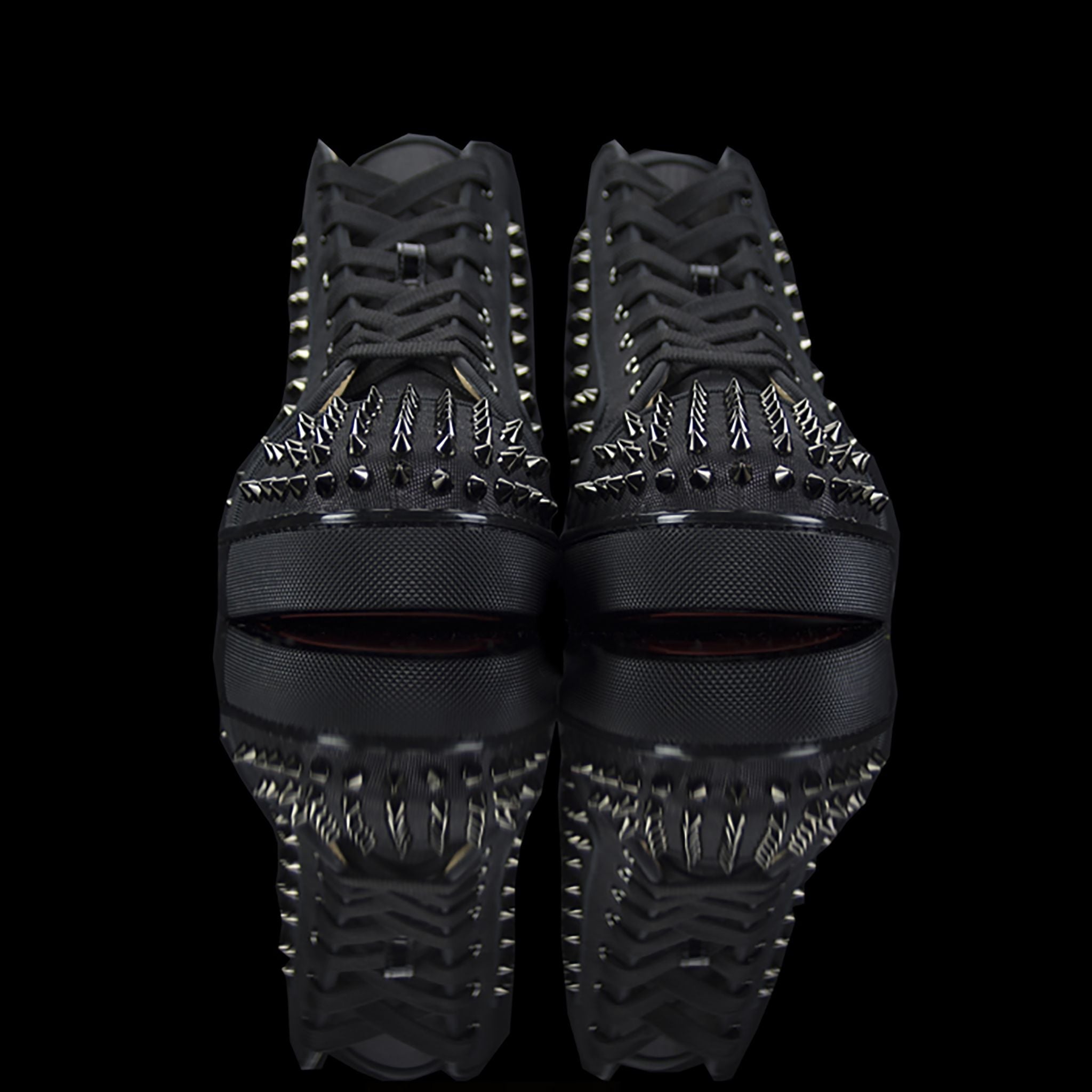 Christian Louboutin-Louis Flat High Spikes-Product Code: 1170699 Colour: Black 2017 Release, Discontinued Material: Canvas, Metal Spikes, Rubber Sole Mens Christian Louboutin Louis Flat Moire Patent Spikes constructed in Black Moire feature sleek looking