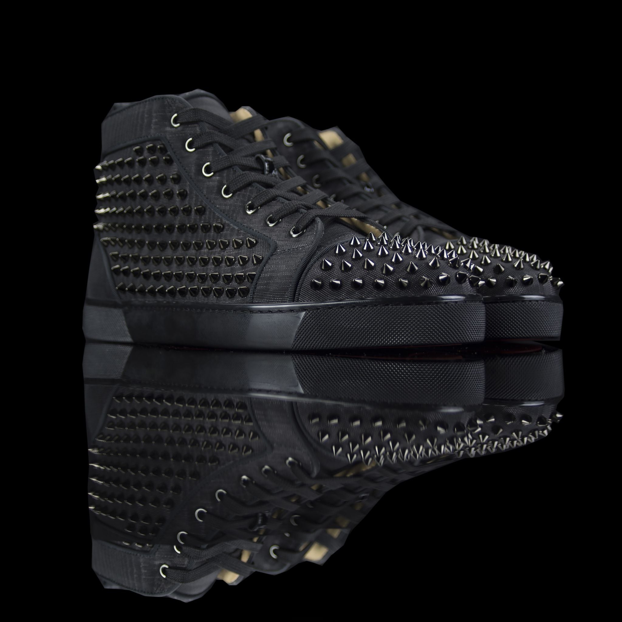 Christian Louboutin-Louis Flat High Spikes-Product Code: 1170699 Colour: Black 2017 Release, Discontinued Material: Canvas, Metal Spikes, Rubber Sole Mens Christian Louboutin Louis Flat Moire Patent Spikes constructed in Black Moire feature sleek looking