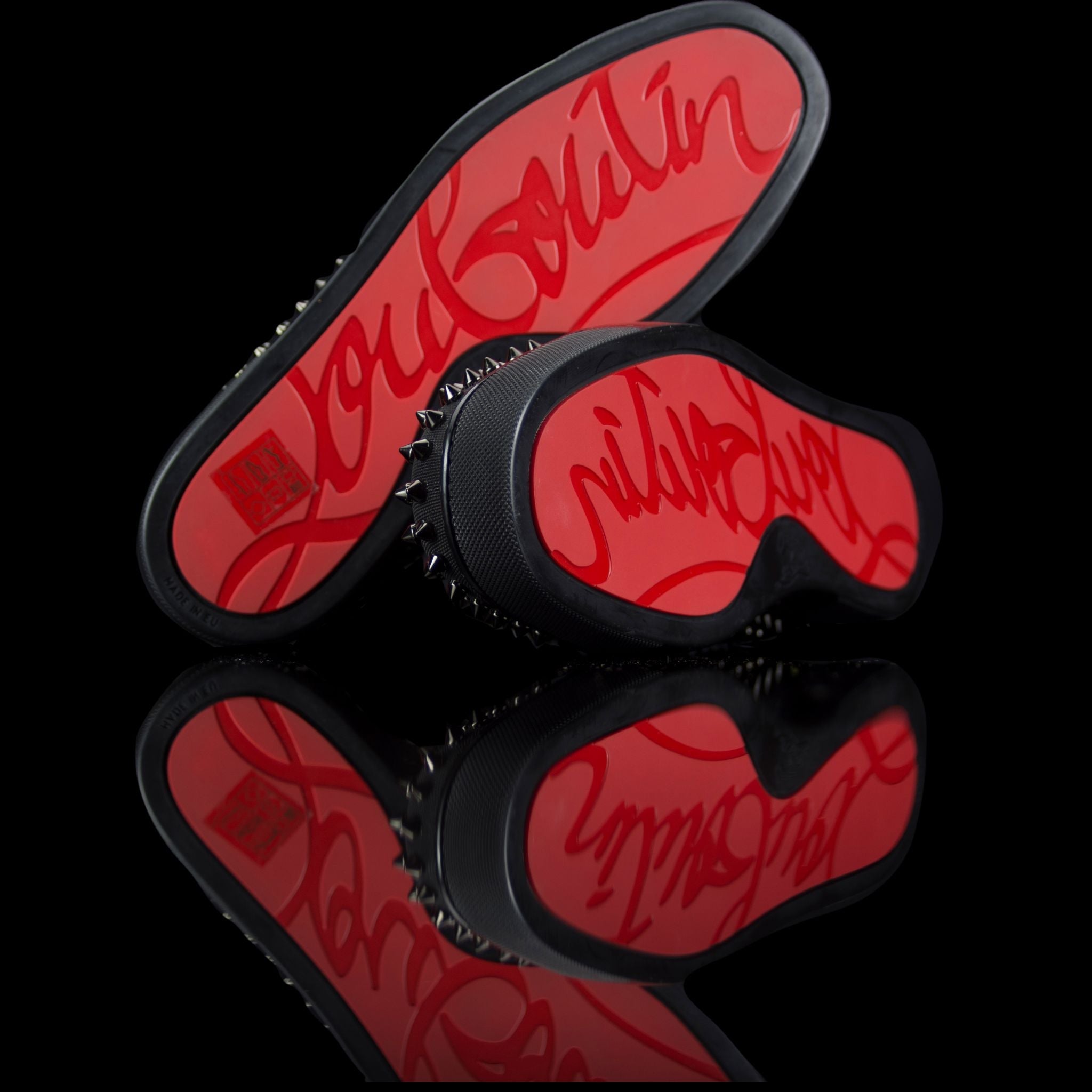 Christian Louboutin-Louis Flat High Spikes-Product Code: 1170699 Colour: Black 2017 Release, Discontinued Material: Canvas, Metal Spikes, Rubber Sole Mens Christian Louboutin Louis Flat Moire Patent Spikes constructed in Black Moire feature sleek looking