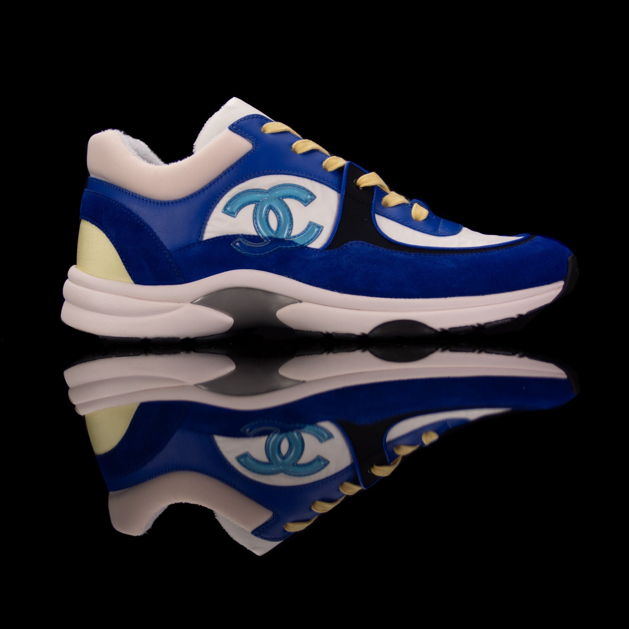 Chanel-CC Sneakers-Pre Order Duration (3-5 Working Days) This item is classed as Women’s CC Logo on side Blue, White, Yellow Release: 2019 Limited Release Lambskin Suede Chanel CC crafted in leather and suede fabric sports CC branding on the side. Yellow