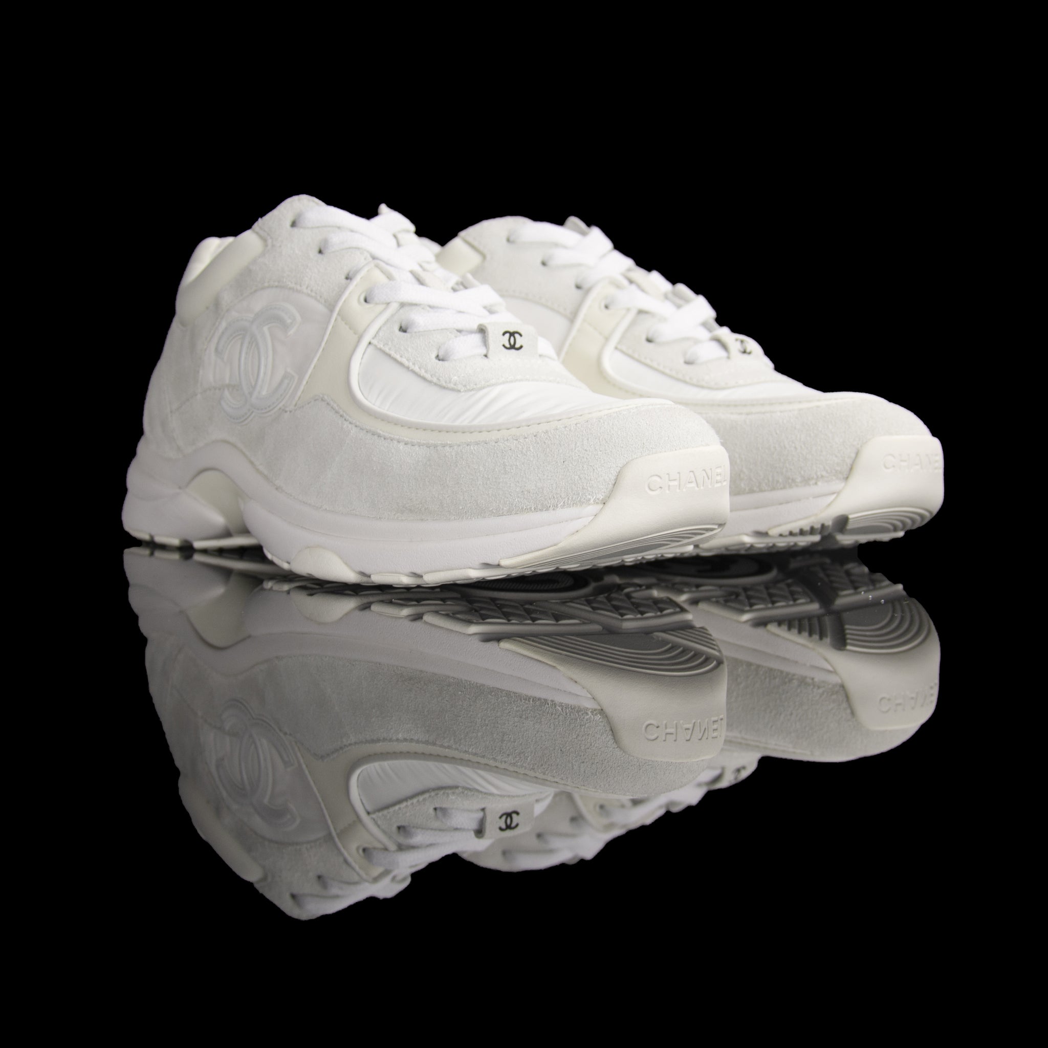 Chanel-CC Sneakers-Pre Order Duration (3-5 Working Days) CC Logo on side White Reflective 3m pipping and Back White Release: 2019 Limited Release Suede Nylon 3m-fabriqe.com