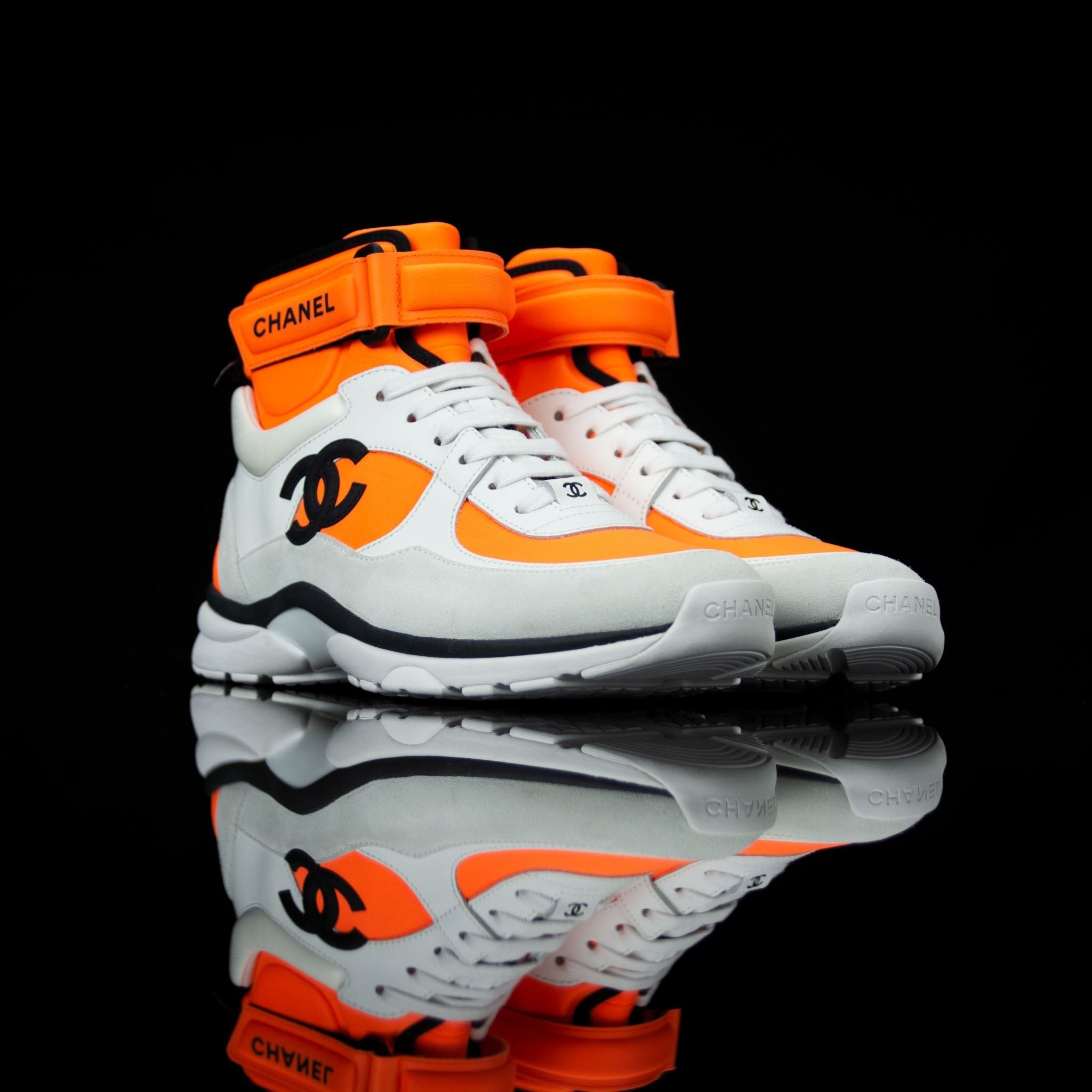 Chanel-CC Sneakers-Pre Order Duration (3-5 Working Days) This item is classed as Women's CC Logo on side G33728 Y52847 K0727 Orange, Grey, White, Black Released 04.2018 Limited Release Lambskin & Suede Calfskin Women's Chanel High top Sneakers Velcro CC i