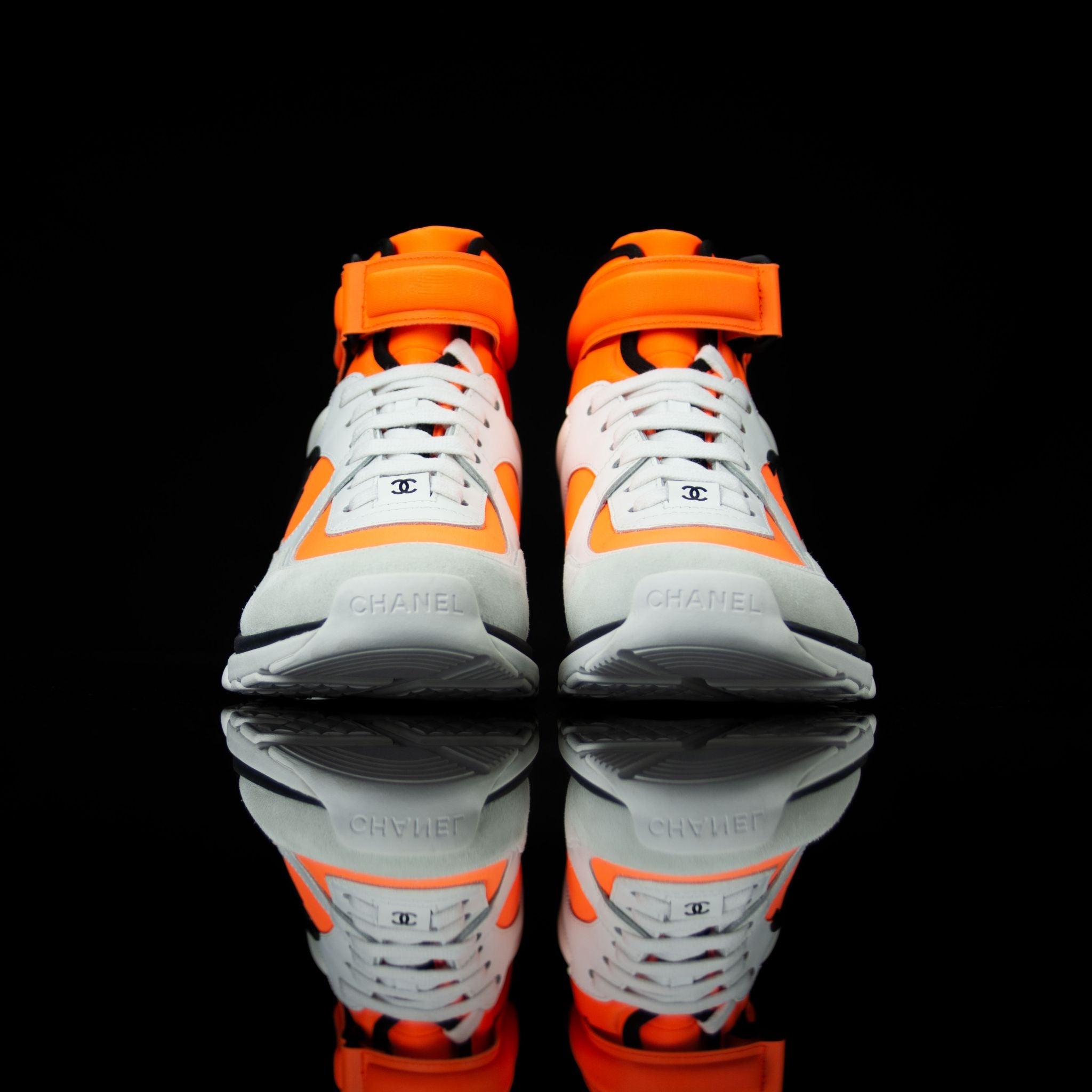 Chanel-CC Sneakers-Pre Order Duration (3-5 Working Days) This item is classed as Women's CC Logo on side G33728 Y52847 K0727 Orange, Grey, White, Black Released 04.2018 Limited Release Lambskin & Suede Calfskin Women's Chanel High top Sneakers Velcro CC i