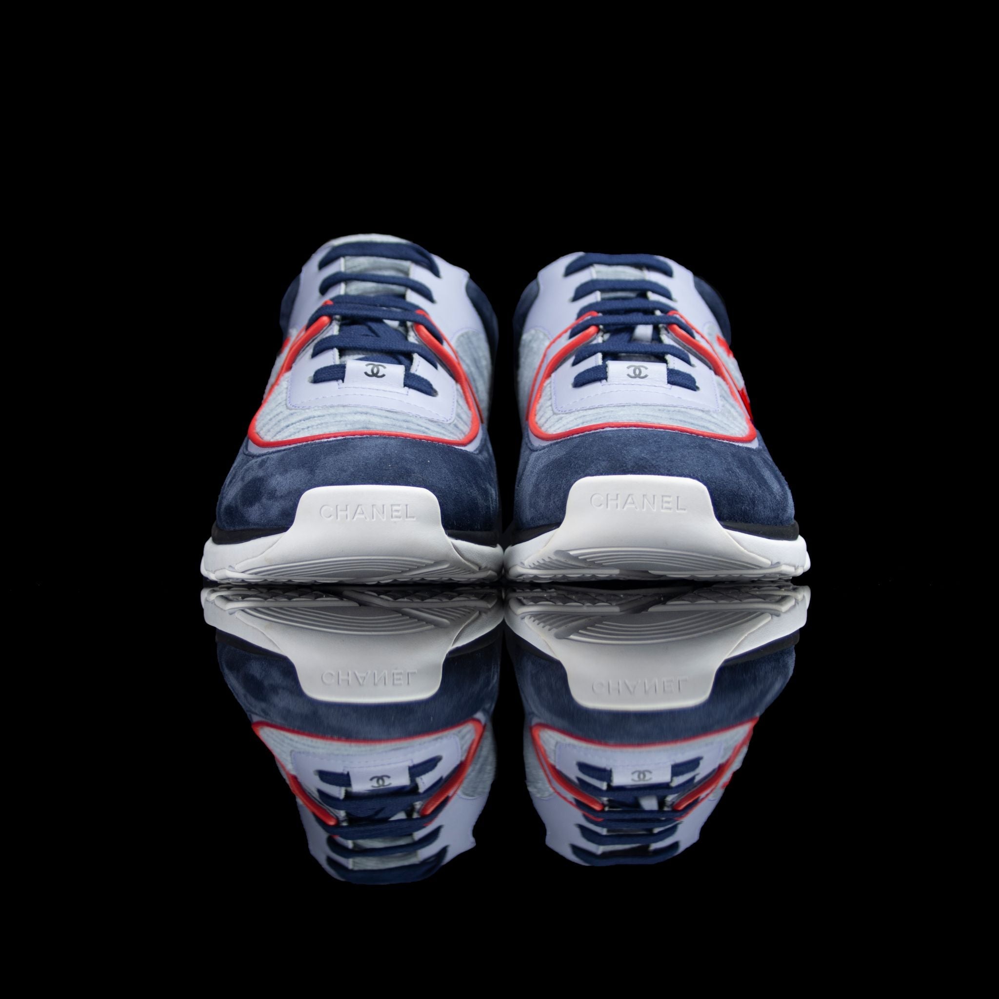 Chanel-CC Sneakers-CC Logo on side Corduroy Material, Leather, Suede. Navy, Grey, Red Rubber Sole 2018 Release Limited Stock-fabriqe.com