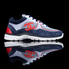 Chanel-CC Sneakers-CC Logo on side Corduroy Material, Leather, Suede. Navy, Grey, Red Rubber Sole 2018 Release Limited Stock-fabriqe.com