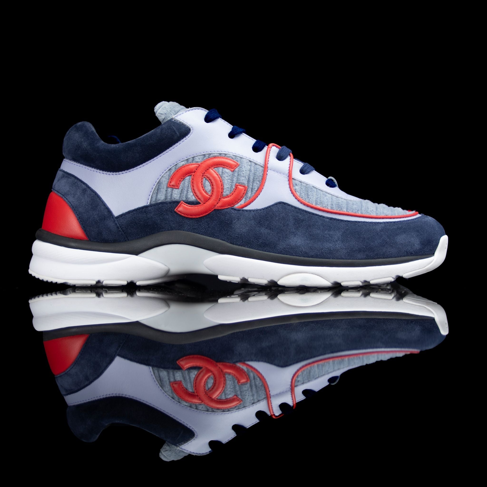 Chanel-CC Sneakers-CC Logo on side Corduroy Material, Leather, Suede. Navy, Grey, Red Rubber Sole 2018 Release Limited Stock-fabriqe.com