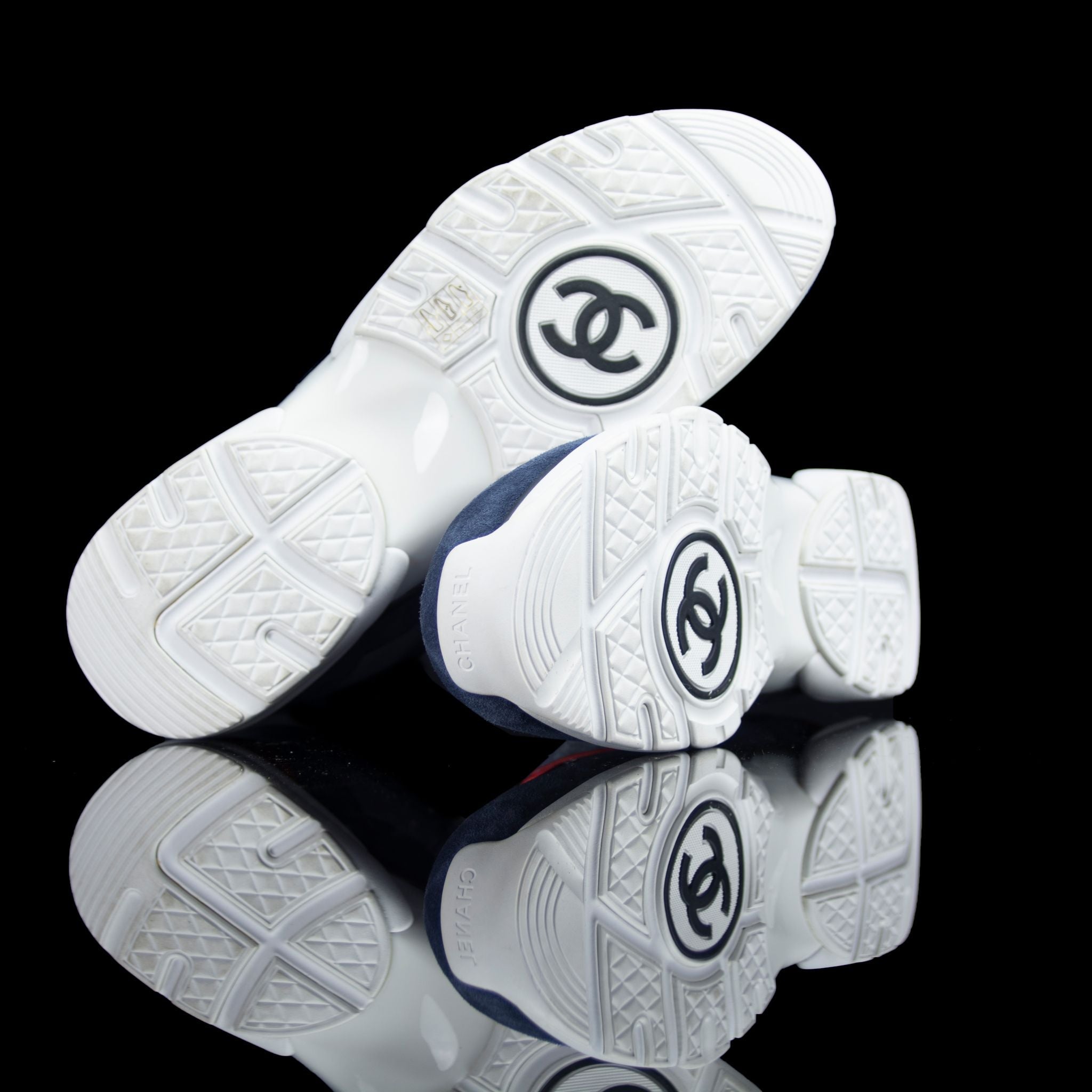 Chanel-CC Sneakers-CC Logo on side Corduroy Material, Leather, Suede. Navy, Grey, Red Rubber Sole 2018 Release Limited Stock-fabriqe.com