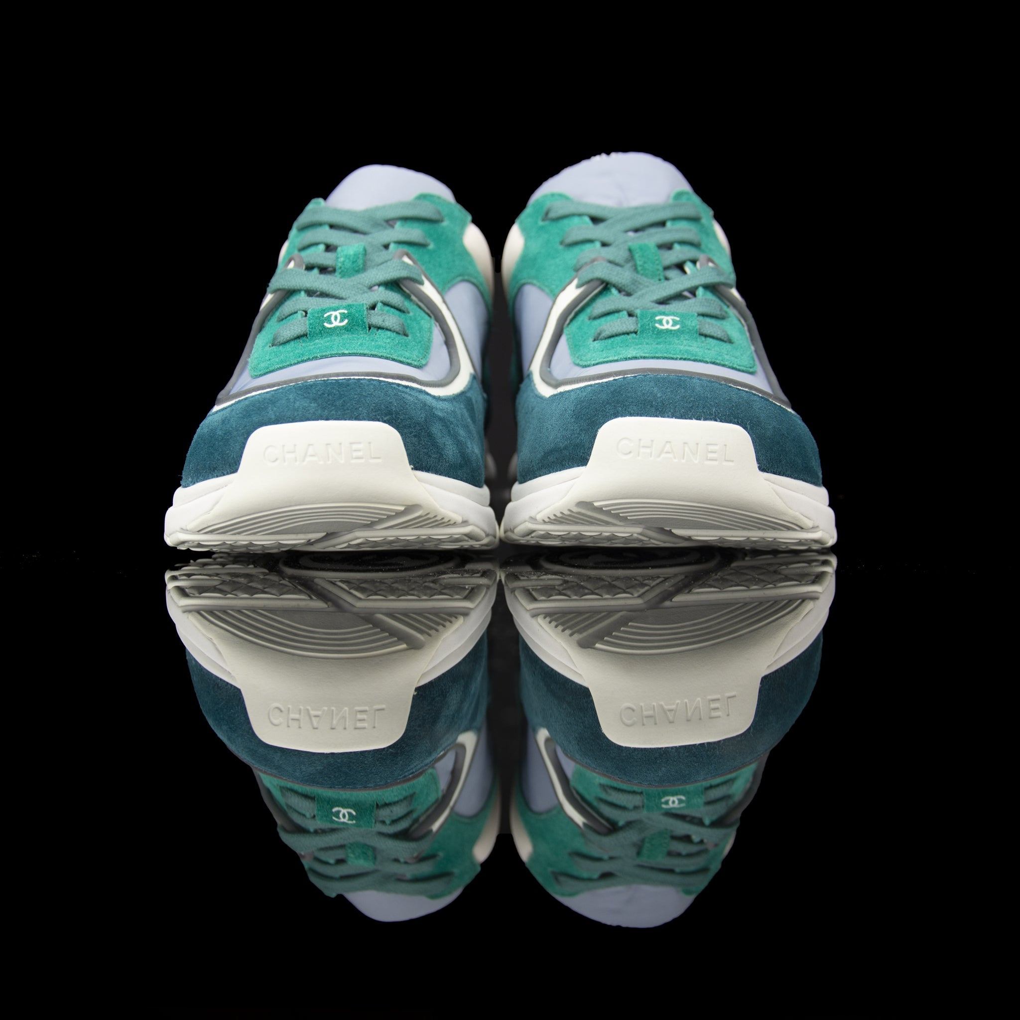 Chanel-CC Sneakers-Pre Order Duration (3-5 Working Days) CC Logo on side Grey Reflective 3m pipping and back Grey Green Release: 2019 Limited Release Suede Nylon 3m-fabriqe.com