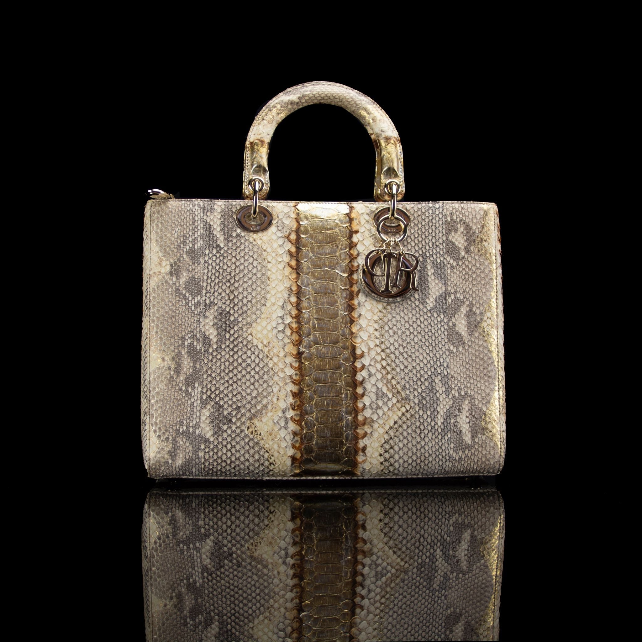 Christian Dior-Hand Bag-Python Skin Gold Brown, Gold Large Exclusive Release Length: 32 cm Width: 9 cm Height: 25 cm Handle Drop: 10 cm Interior Material: Leather Shoulder Strap: 45 cm Hardware: Gold Tone Release Date: 2013 Italy-fabriqe.com