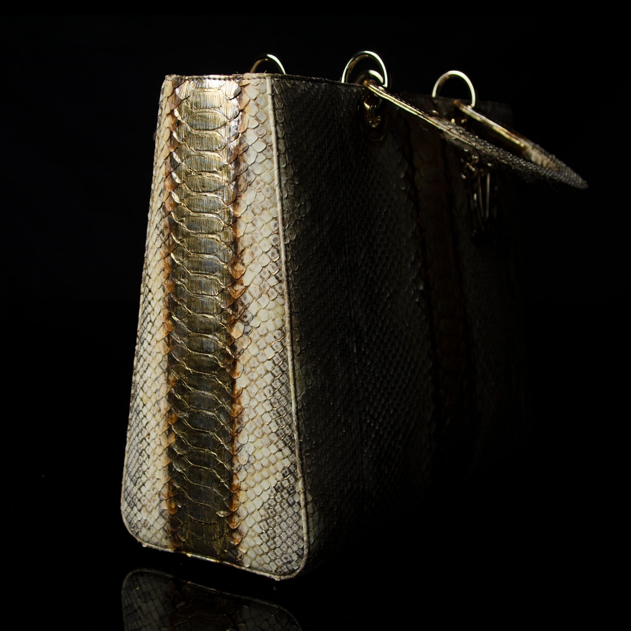 Christian Dior-Hand Bag-Python Skin Gold Brown, Gold Large Exclusive Release Length: 32 cm Width: 9 cm Height: 25 cm Handle Drop: 10 cm Interior Material: Leather Shoulder Strap: 45 cm Hardware: Gold Tone Release Date: 2013 Italy-fabriqe.com