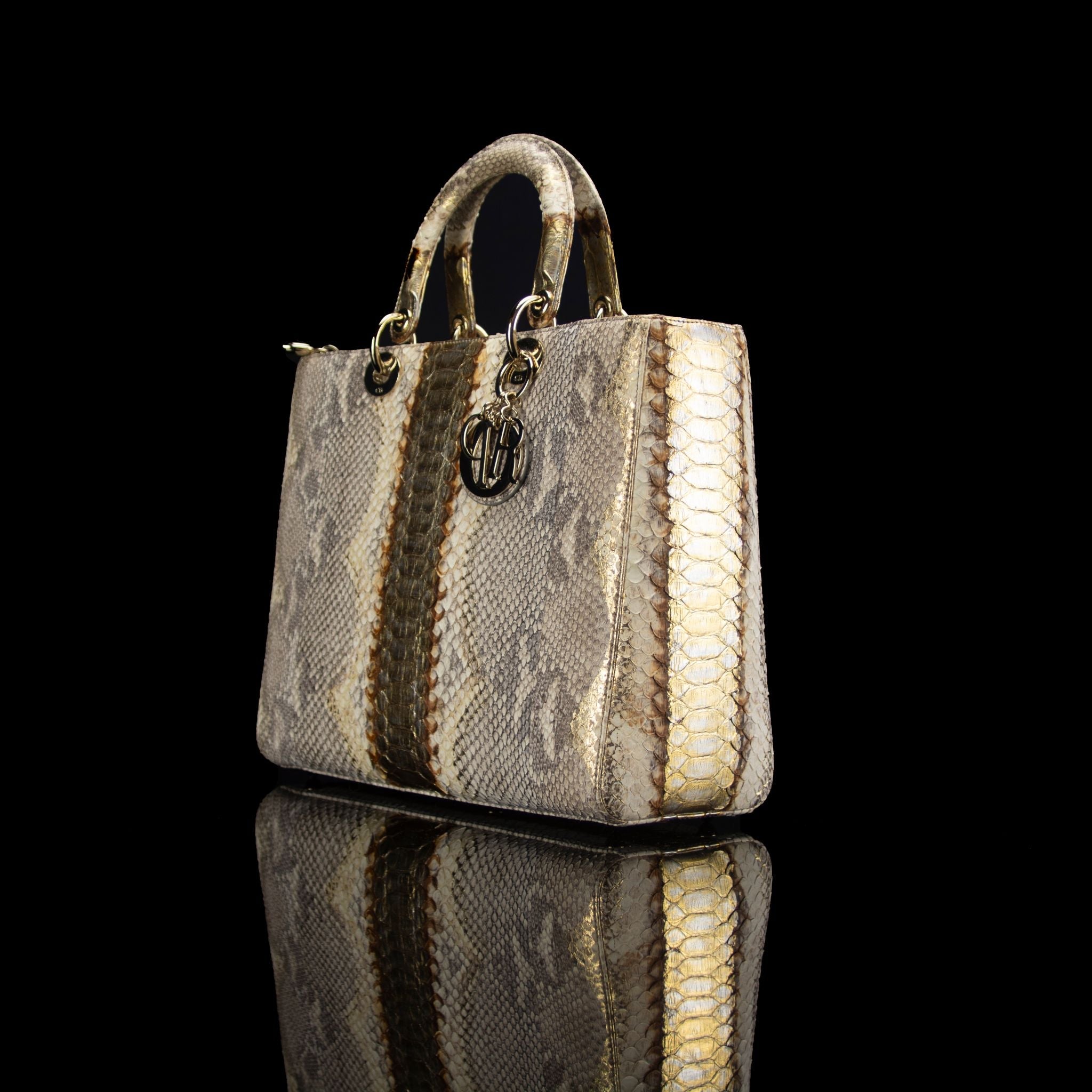 Christian Dior-Hand Bag-Python Skin Gold Brown, Gold Large Exclusive Release Length: 32 cm Width: 9 cm Height: 25 cm Handle Drop: 10 cm Interior Material: Leather Shoulder Strap: 45 cm Hardware: Gold Tone Release Date: 2013 Italy-fabriqe.com
