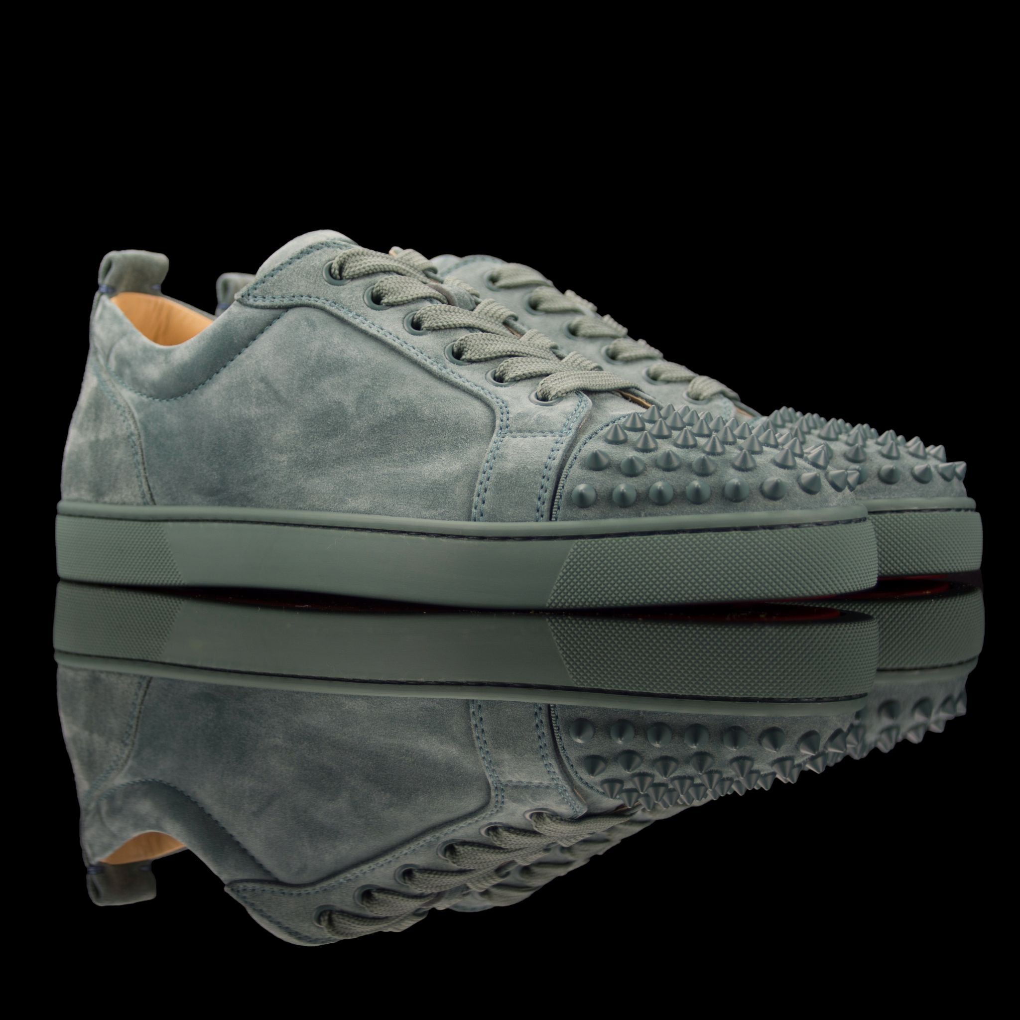 Christian Louboutin-Louis Junior Low Spikes-Pre Order Duration (3-5 Working Days) Product Code: 1180051 Colour: Everest-Mint Green 2018 Release Limited Stock Material: Suede Velours, Metal Spikes The 2018 release Louis Junior Flat Spikes composed of Suede
