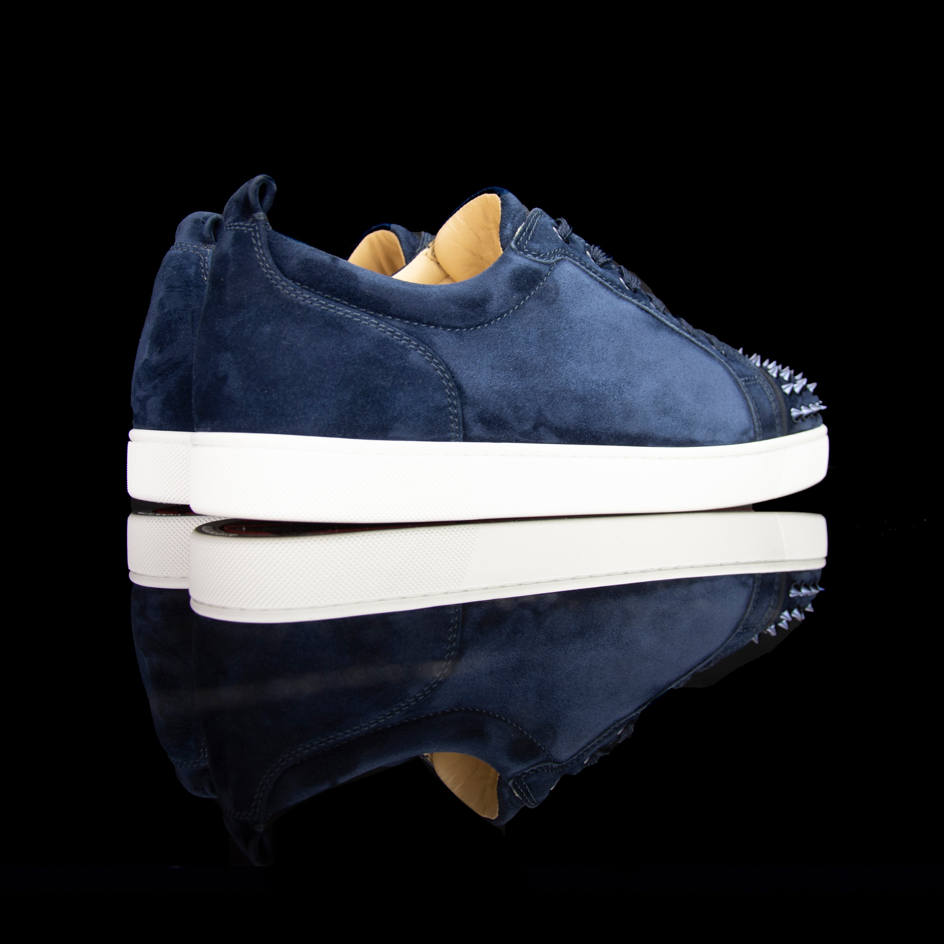 Christian Louboutin-Louis Junior Low Spikes-Pre Order Duration (3-5 Working Days) Colour: Marine 2019 Release Limited Stock Material: Suede Velours, Metal Spikes The 2019 release Christian Louboutin Louis Junior Flat Spikes composed of Suede Velour comes