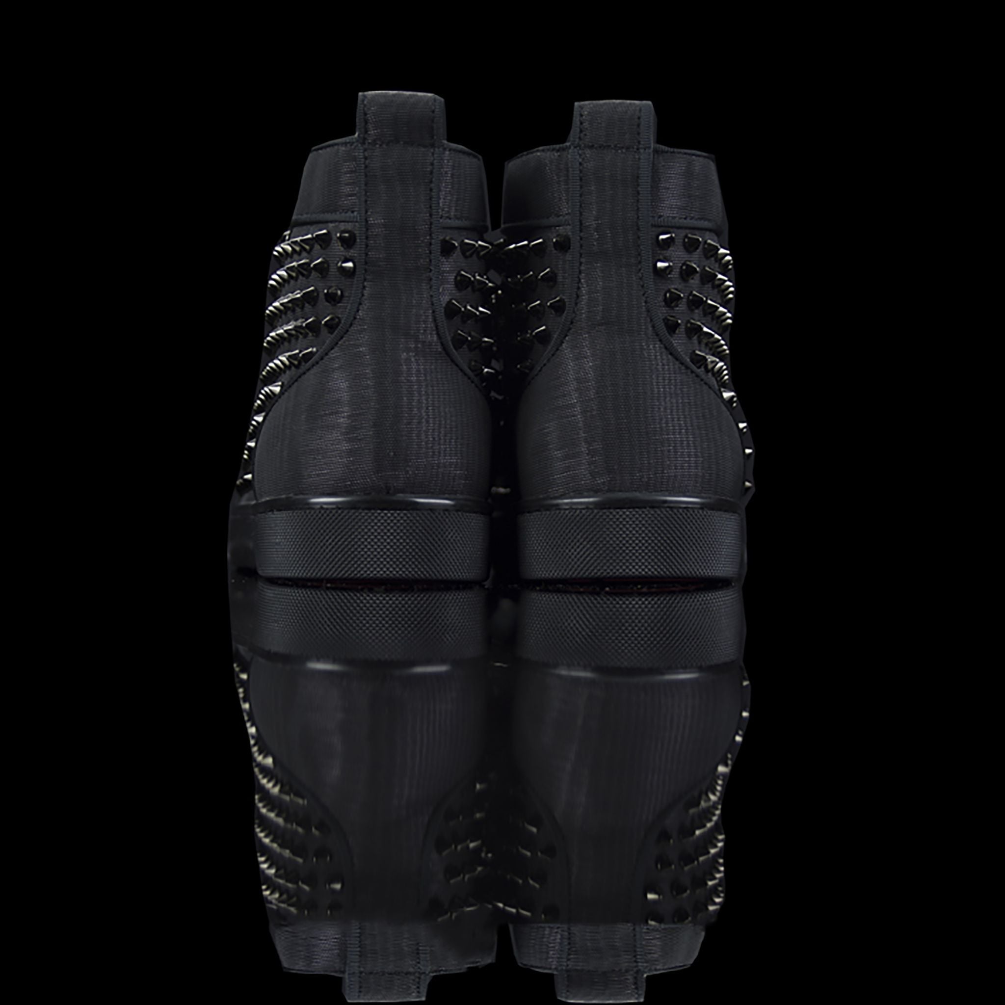 Christian Louboutin-Louis Flat High Spikes-Product Code: 1170699 Colour: Black 2017 Release, Discontinued Material: Canvas, Metal Spikes, Rubber Sole Mens Christian Louboutin Louis Flat Moire Patent Spikes constructed in Black Moire feature sleek looking