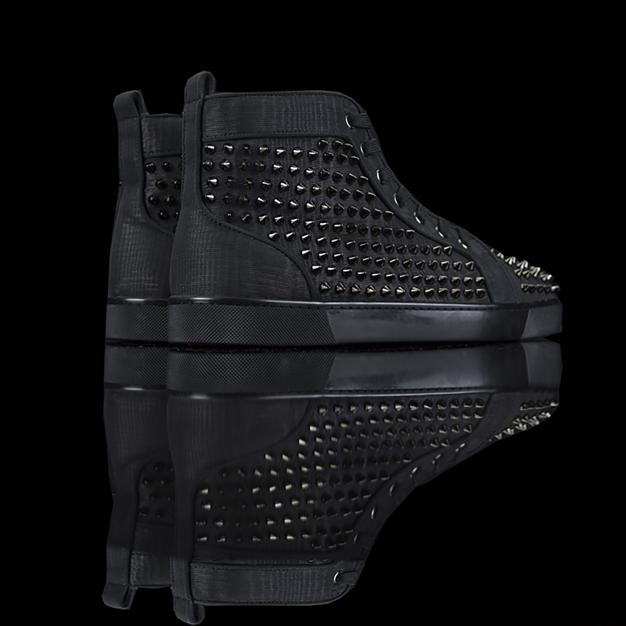 Christian Louboutin-Louis Flat High Spikes-Product Code: 1170699 Colour: Black 2017 Release, Discontinued Material: Canvas, Metal Spikes, Rubber Sole Mens Christian Louboutin Louis Flat Moire Patent Spikes constructed in Black Moire feature sleek looking