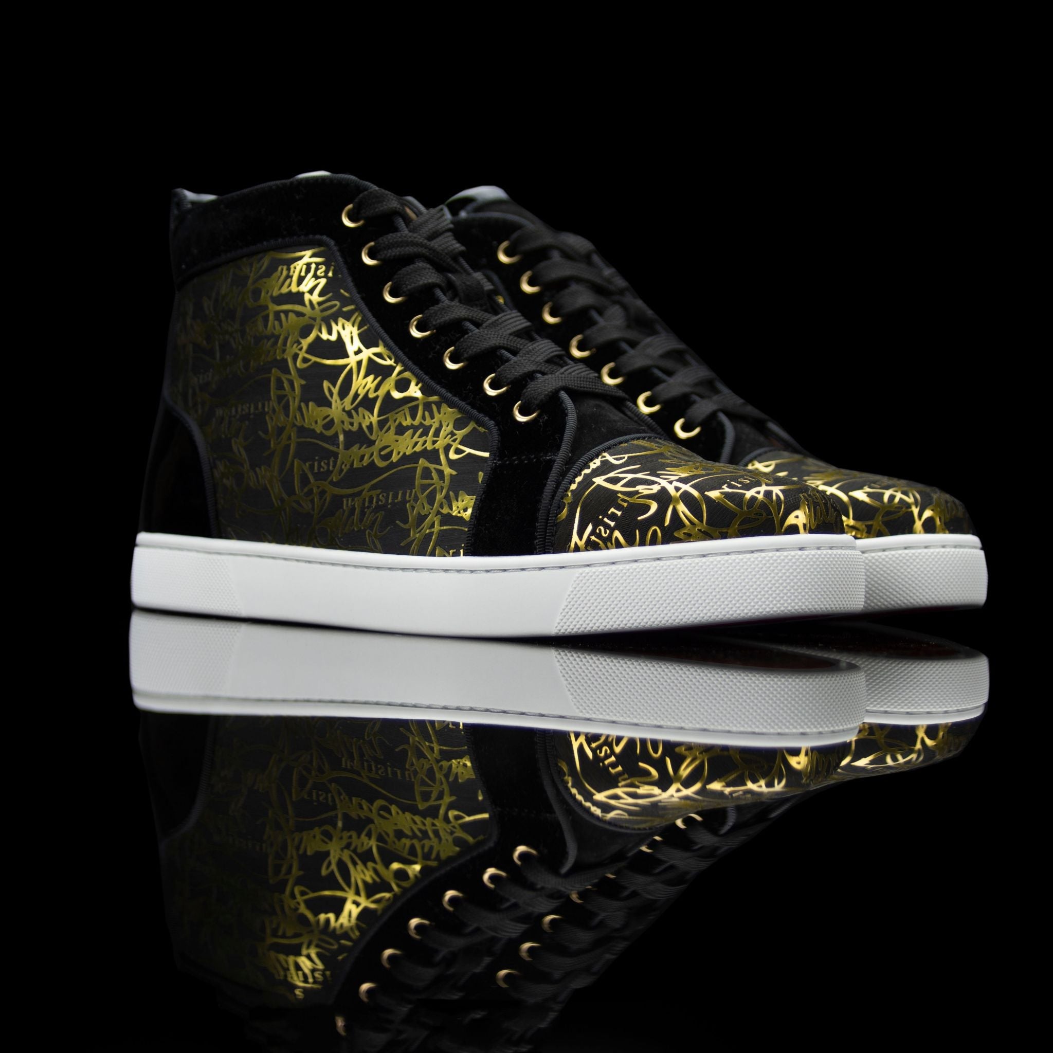 Christian Louboutin-Product: Colour: Black/Gold Exclusive to one store in Europe only Material: Suede, Leather, Patent, Rubber Sole Christian Louboutin Louisogo Louis Flat Spec is on offer this season. From the single store exclusive and patented, the lou