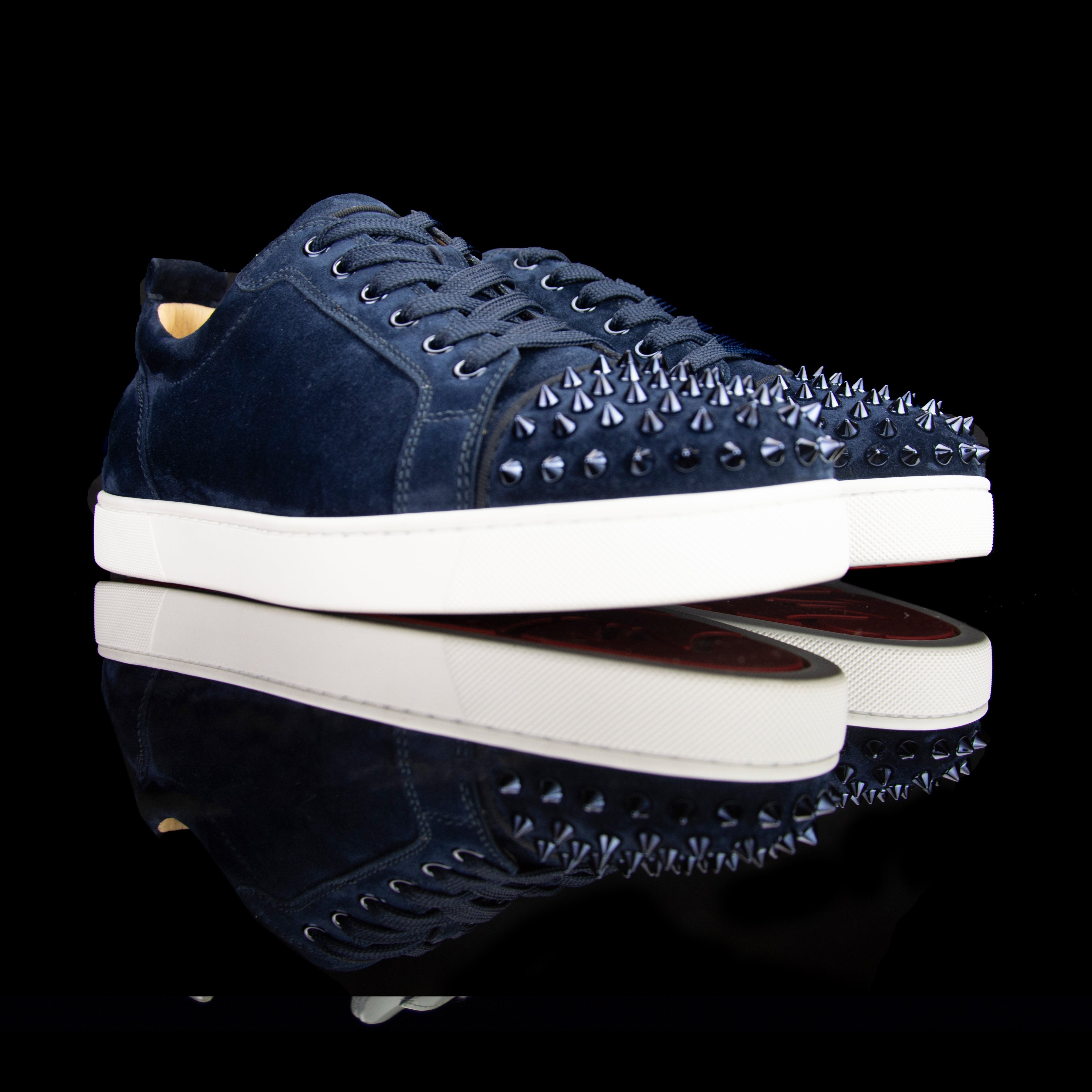 Christian Louboutin-Louis Junior Low Spikes-Pre Order Duration (3-5 Working Days) Colour: Marine 2019 Release Limited Stock Material: Suede Velours, Metal Spikes The 2019 release Christian Louboutin Louis Junior Flat Spikes composed of Suede Velour comes