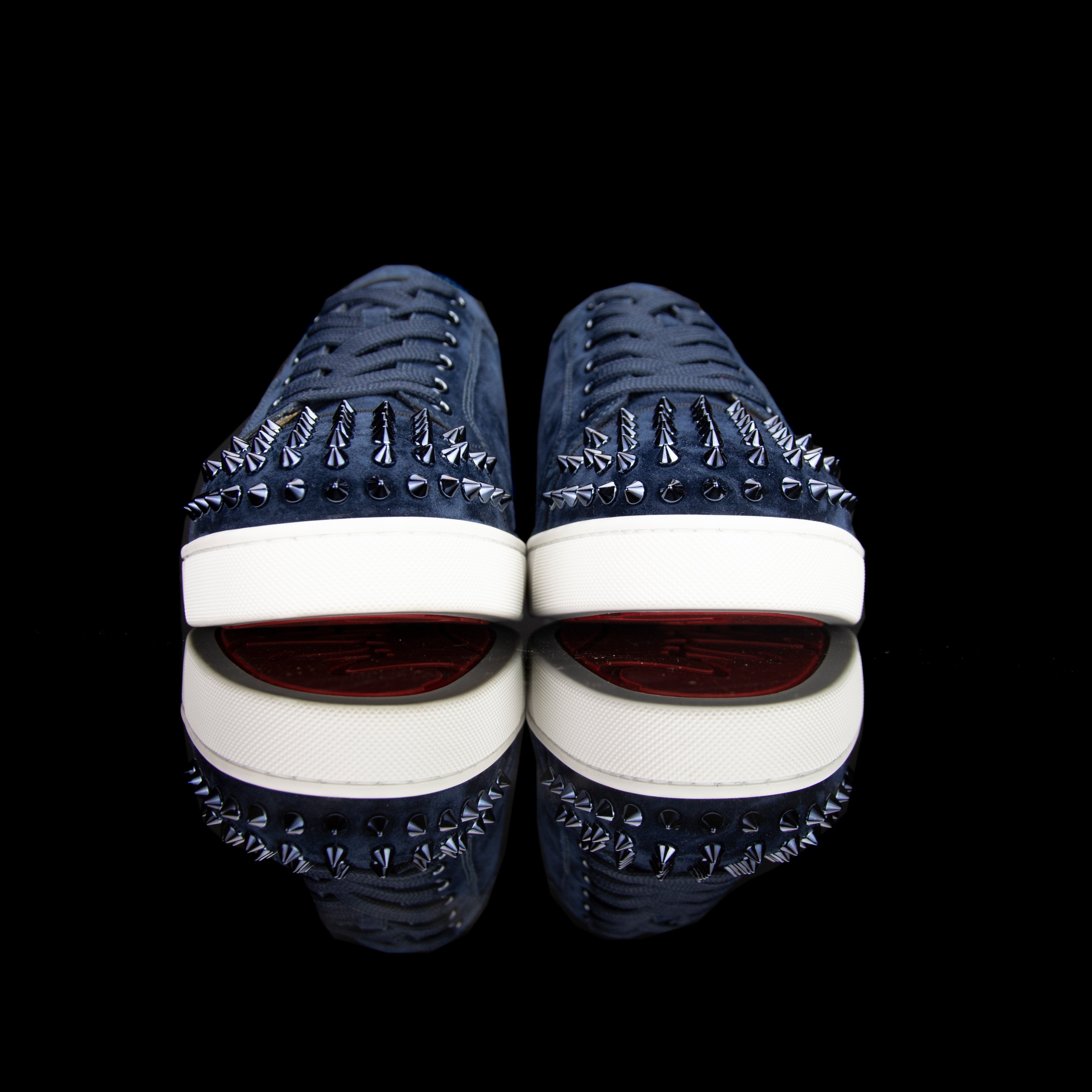 Christian Louboutin-Louis Junior Low Spikes-Pre Order Duration (3-5 Working Days) Colour: Marine 2019 Release Limited Stock Material: Suede Velours, Metal Spikes The 2019 release Christian Louboutin Louis Junior Flat Spikes composed of Suede Velour comes
