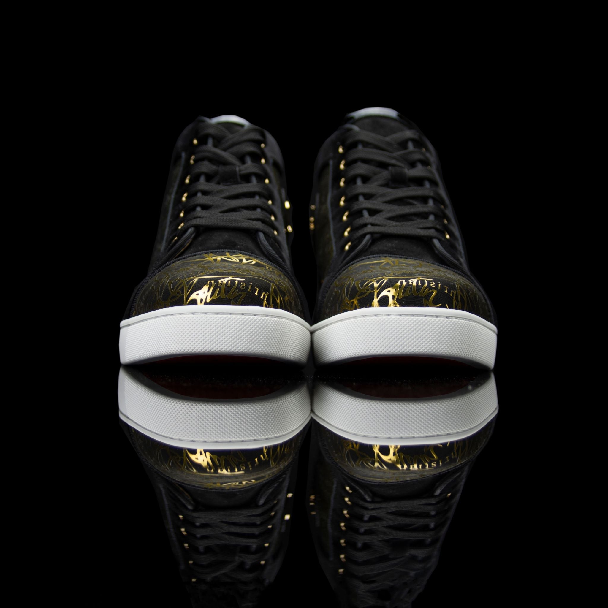 Christian Louboutin-Product: Colour: Black/Gold Exclusive to one store in Europe only Material: Suede, Leather, Patent, Rubber Sole Christian Louboutin Louisogo Louis Flat Spec is on offer this season. From the single store exclusive and patented, the lou