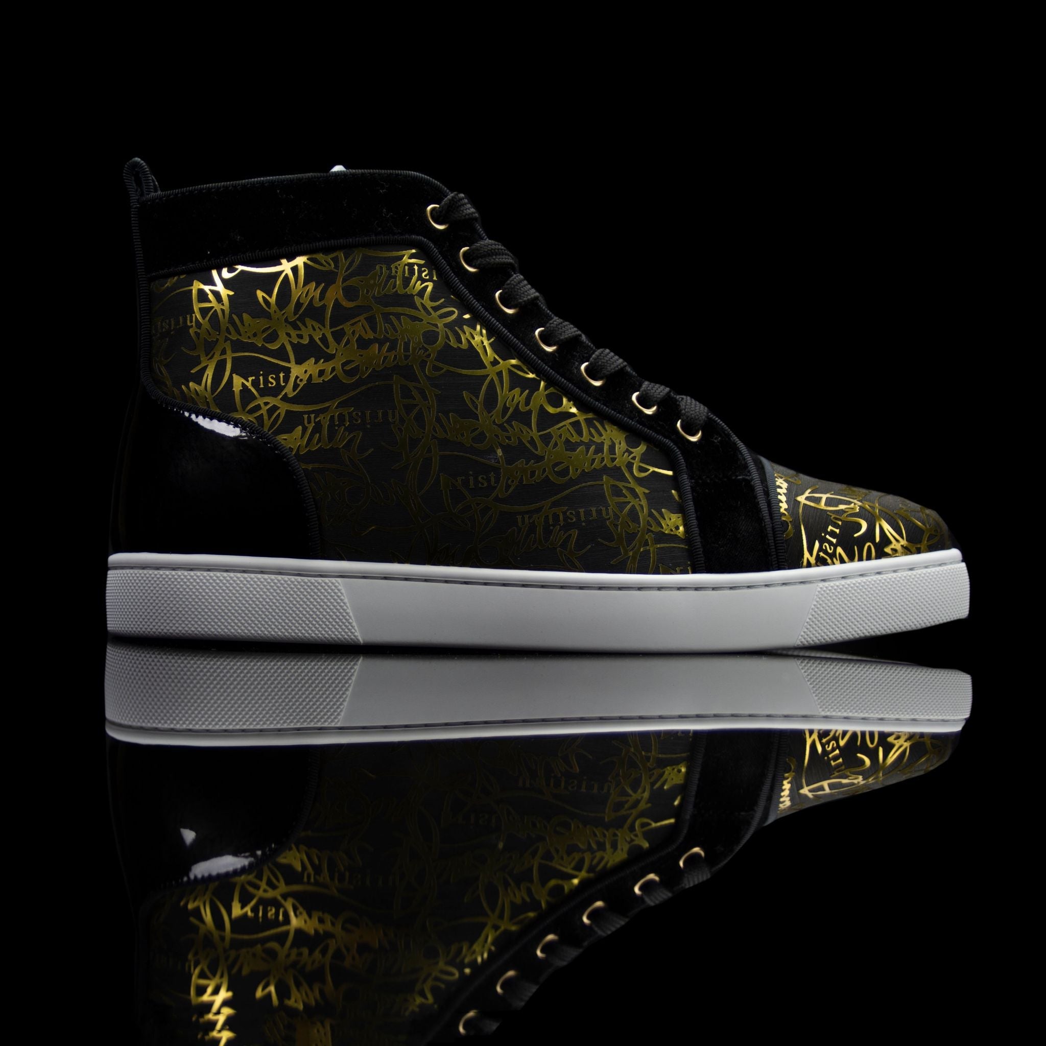 Christian Louboutin-Product: Colour: Black/Gold Exclusive to one store in Europe only Material: Suede, Leather, Patent, Rubber Sole Christian Louboutin Louisogo Louis Flat Spec is on offer this season. From the single store exclusive and patented, the lou