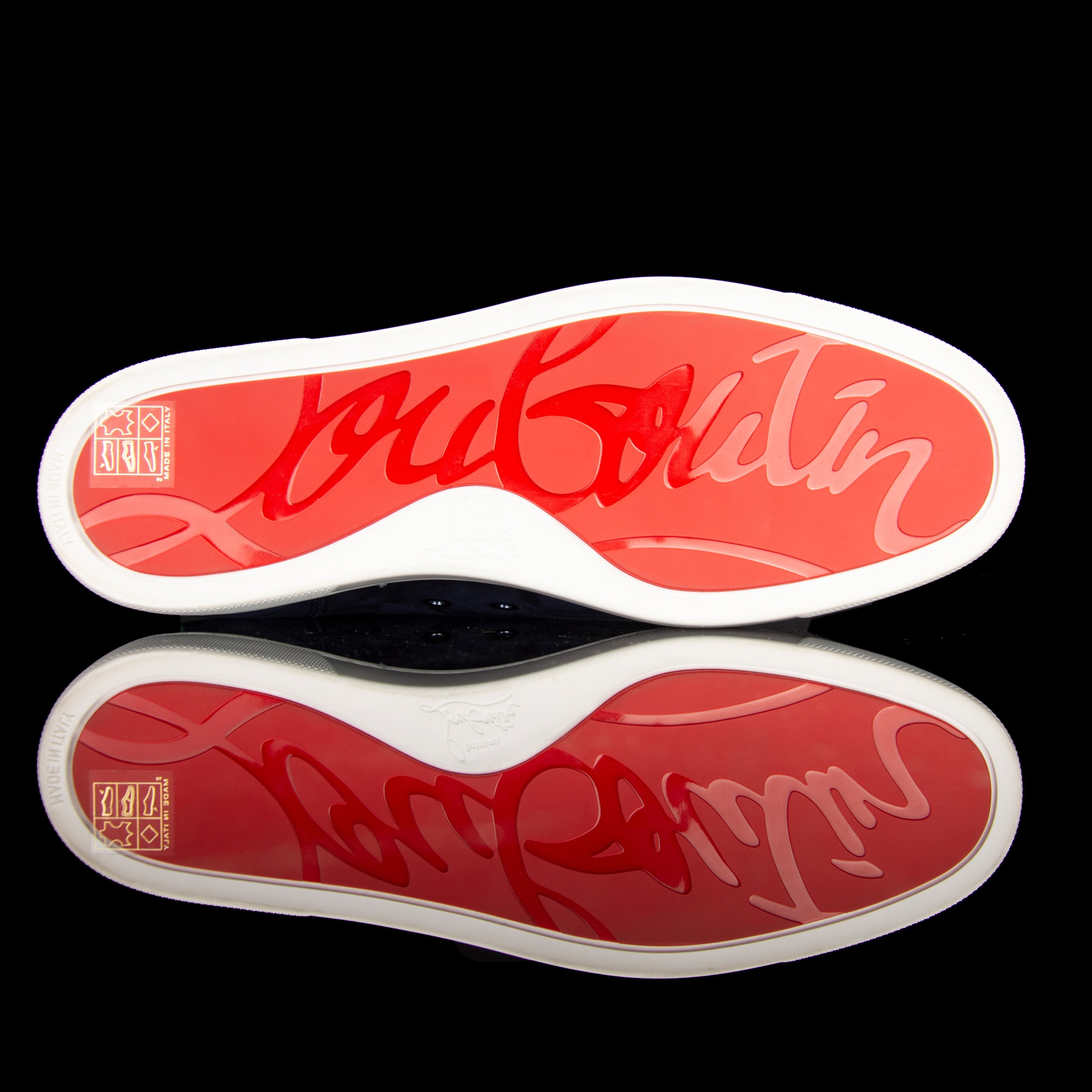 Christian Louboutin-Louis Junior Low Spikes-Pre Order Duration (3-5 Working Days) Colour: Marine 2019 Release Limited Stock Material: Suede Velours, Metal Spikes The 2019 release Christian Louboutin Louis Junior Flat Spikes composed of Suede Velour comes