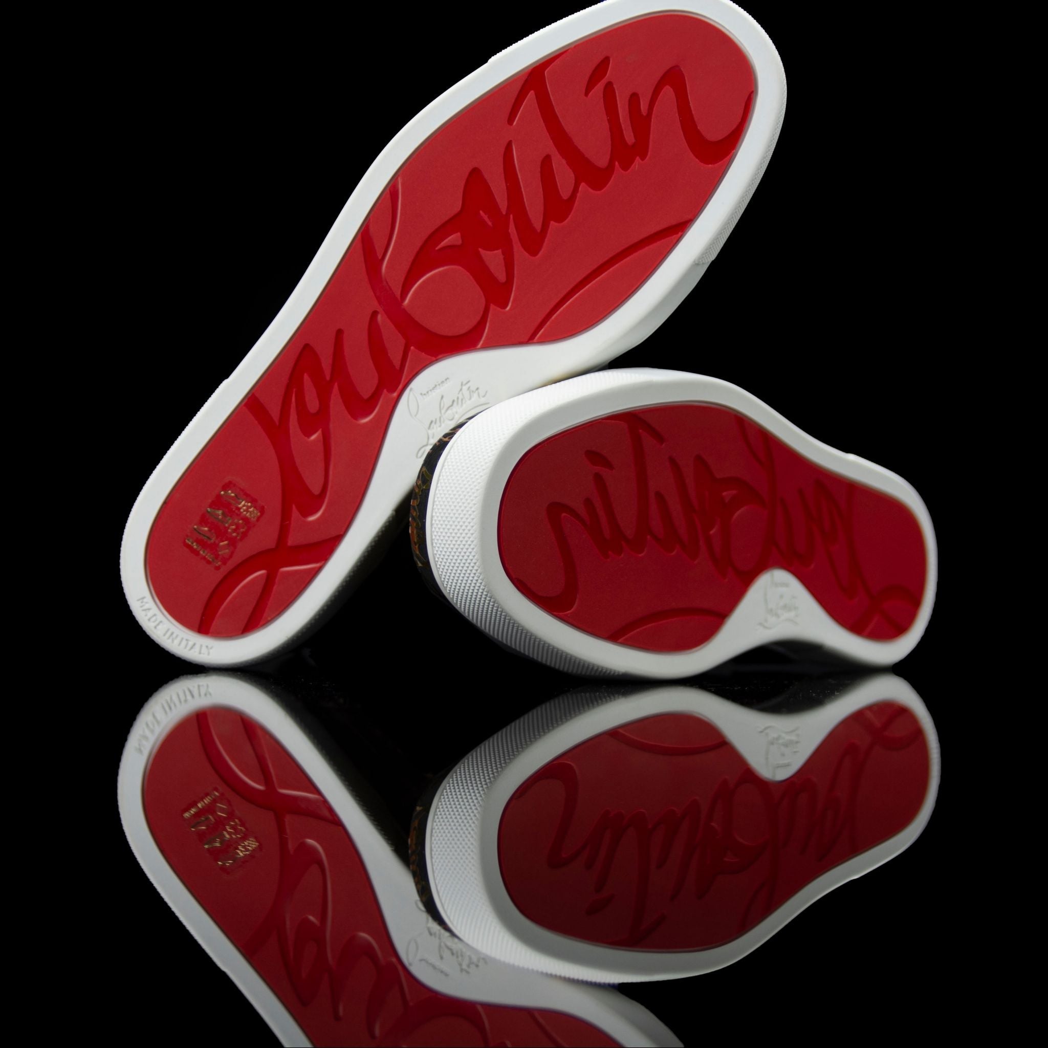 Christian Louboutin-Product: Colour: Black/Gold Exclusive to one store in Europe only Material: Suede, Leather, Patent, Rubber Sole Christian Louboutin Louisogo Louis Flat Spec is on offer this season. From the single store exclusive and patented, the lou