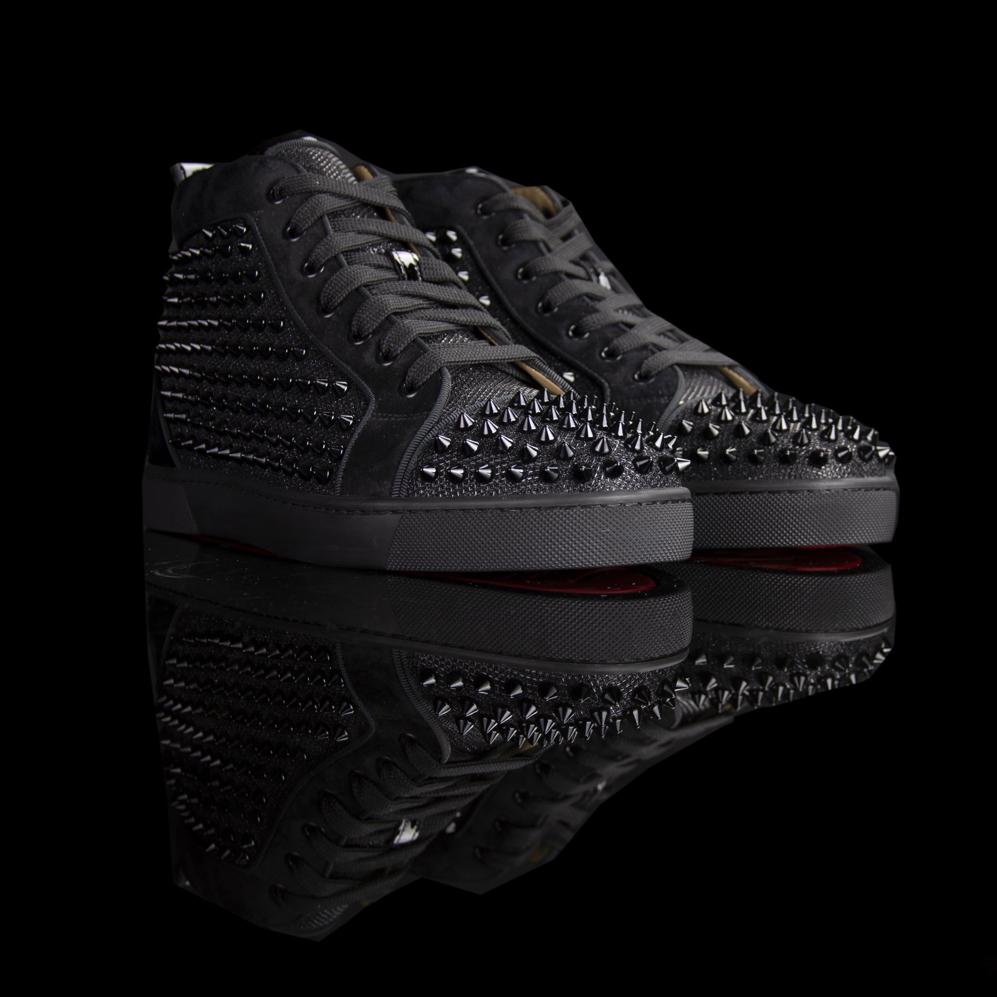 Christian Louboutin-Louis Orlato Flat Spikes-Colour: Black 2018 Release Material: Metal Spikes, Patent back, Suede trimming. Metal Spikes Discontinued-fabriqe.com