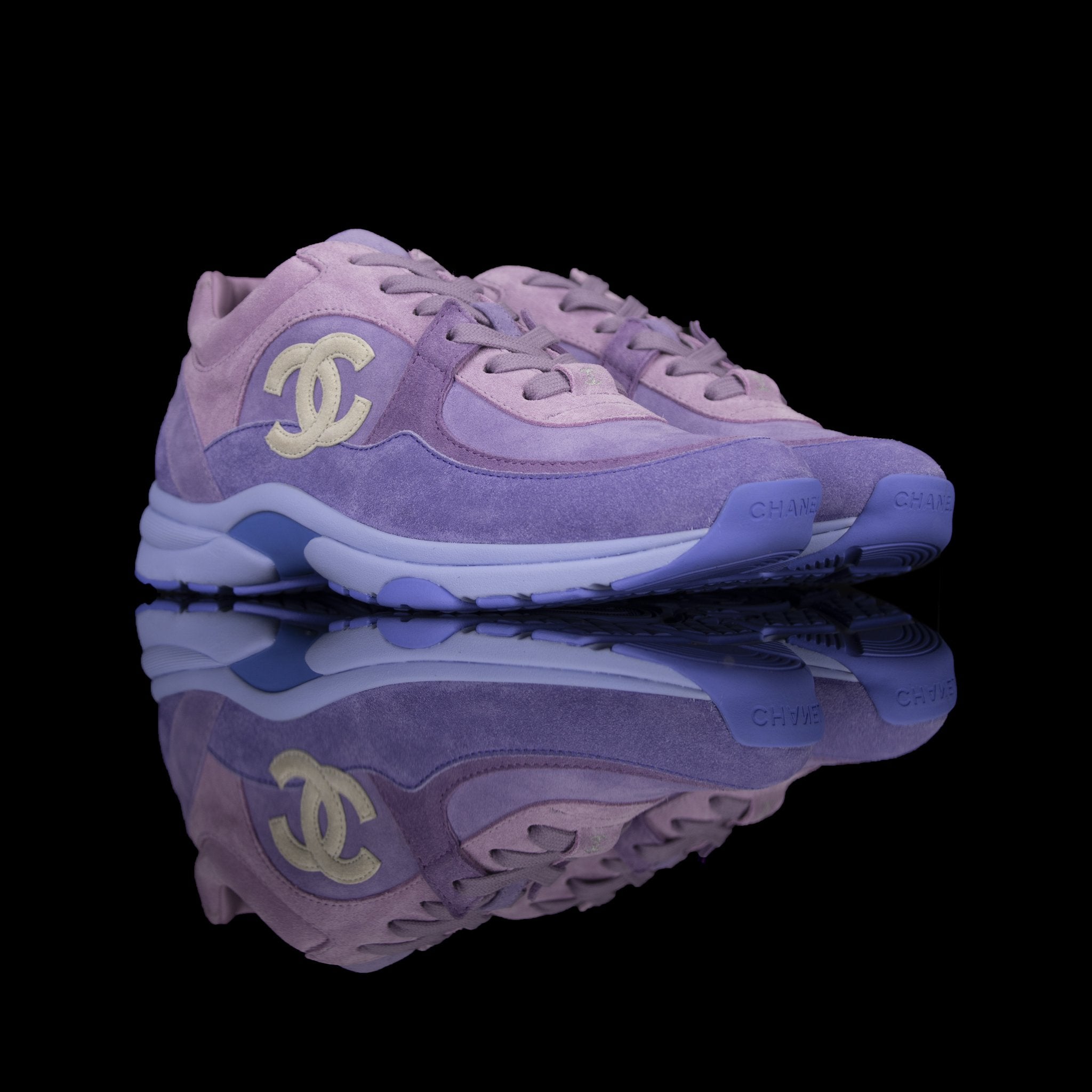 Chanel-CC Sneakers-Pre Order Duration (3-5 Working Days) CC Logo on side Purple Suede, Rubber Sole 2019 Release Limited Stock Chanel CCs crafted in a suede material with sports CC branding on the side. Composed on rubber sole that carries Chanel typograph