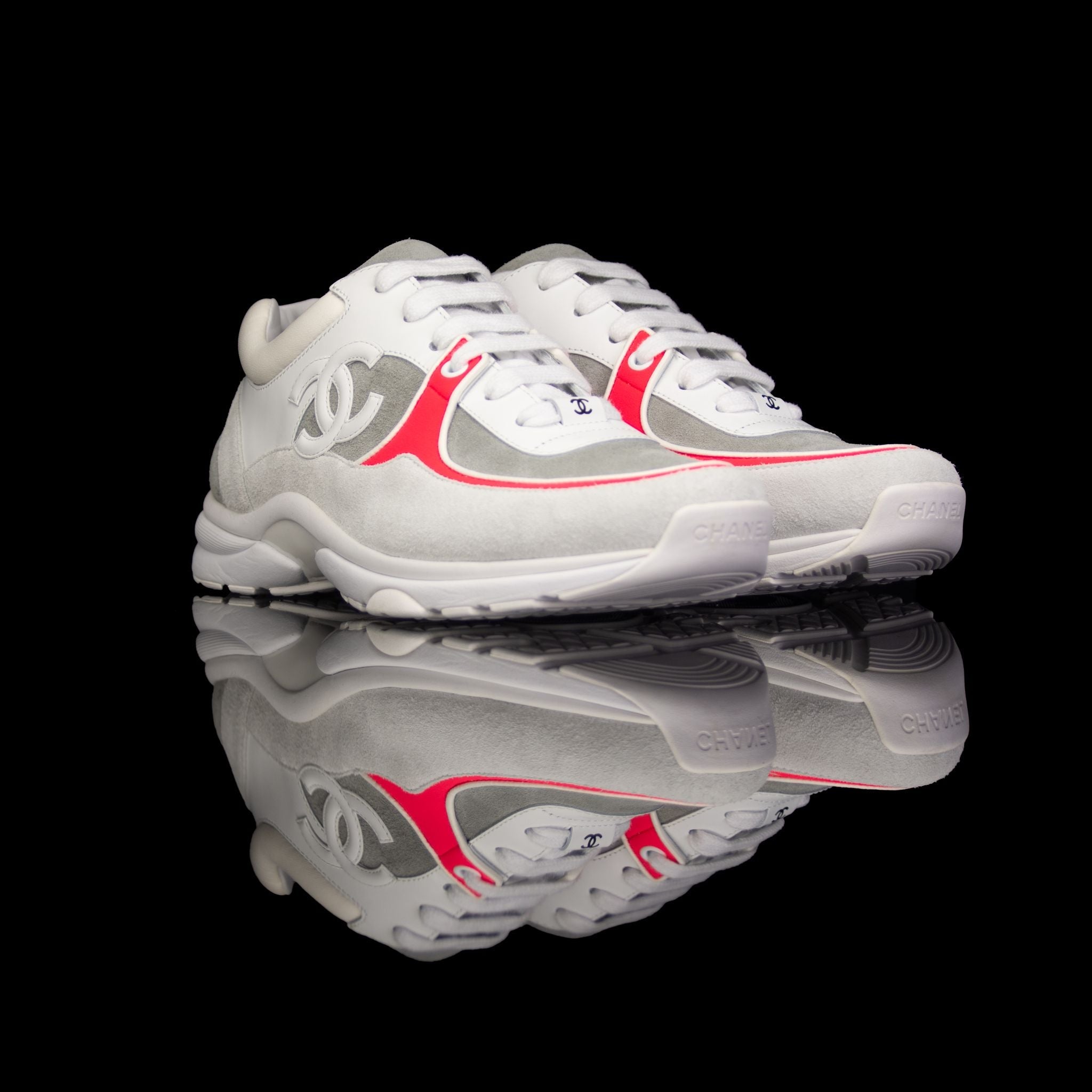 Chanel-CC Sneakers-Pre Order Duration (3-5 Working Days) CC Logo on side Cream, White,Grey, Red Suede, Rubber Sole 2018 Release Limited Stock Chanel CCs crafted in mixed fabric sports CC branding on the side. Composed in leather with the suede line finish