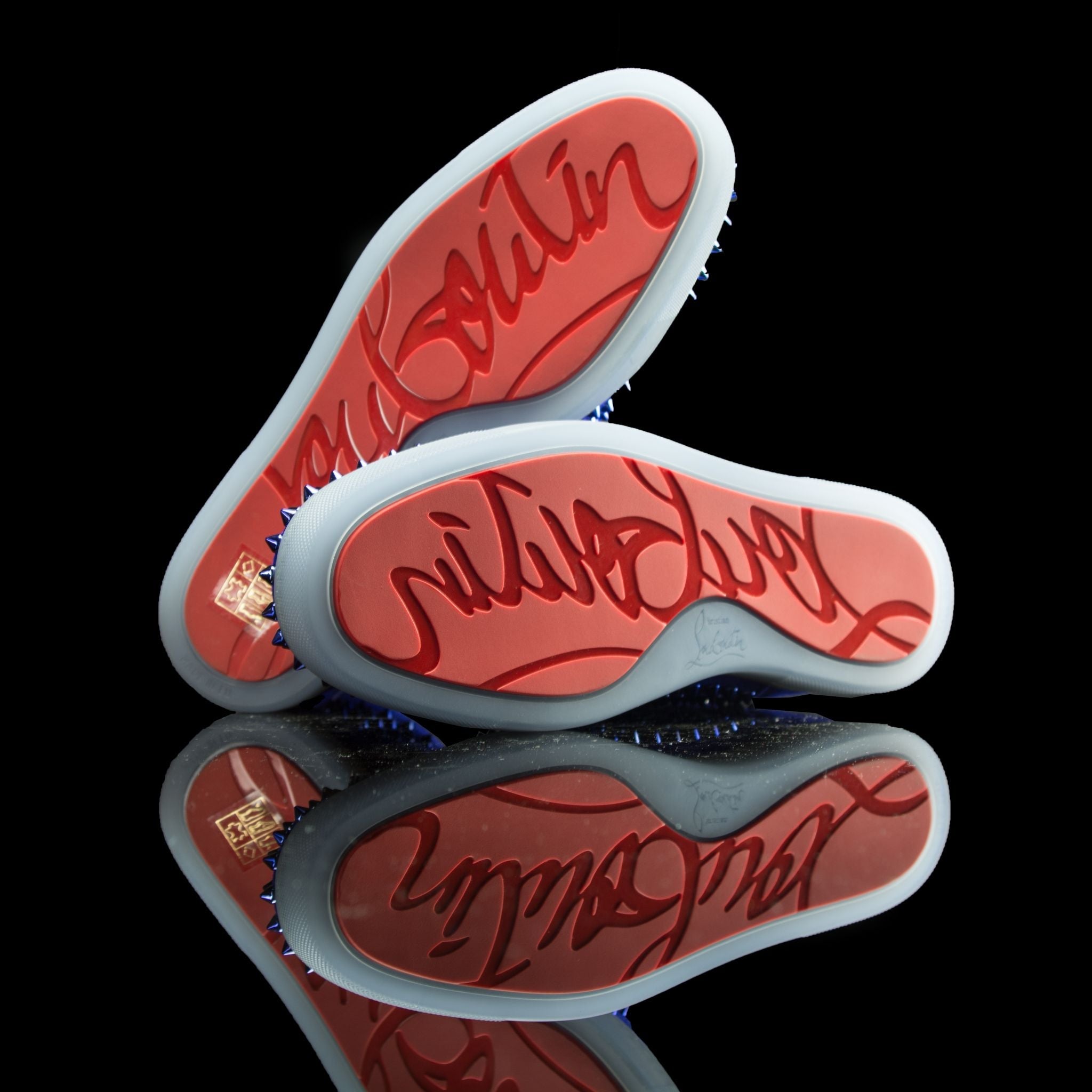 Christian Louboutin-Louis Flat-Colour: Blue Scurro Un-Released Material: Suede/Velour Translucent Sole Mens Christian Louboutin Louis Flat Spikes Suede Blue Scurro Unreleased Sample Pair-fabriqe.com