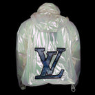 Louis Vuitton-Windbreaker-Colour: Iridescent Style: Windbreaker Material: Transparent Iridescent PVC Virgil Abloh SS19 exclusive pop up item Zipper front Back LV large logo Beaded patches Zippers along front Drawstring bottom Made in Italy-fabriqe.com
