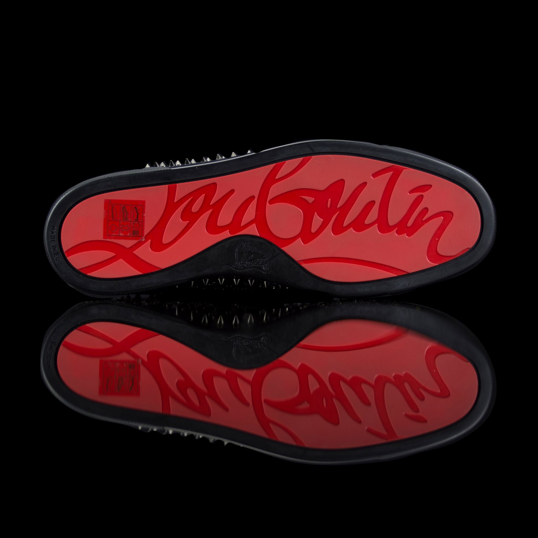 Christian Louboutin-Louis Flat High Spikes-Product Code: 1170699 Colour: Black 2017 Release, Discontinued Material: Canvas, Metal Spikes, Rubber Sole Mens Christian Louboutin Louis Flat Moire Patent Spikes constructed in Black Moire feature sleek looking 