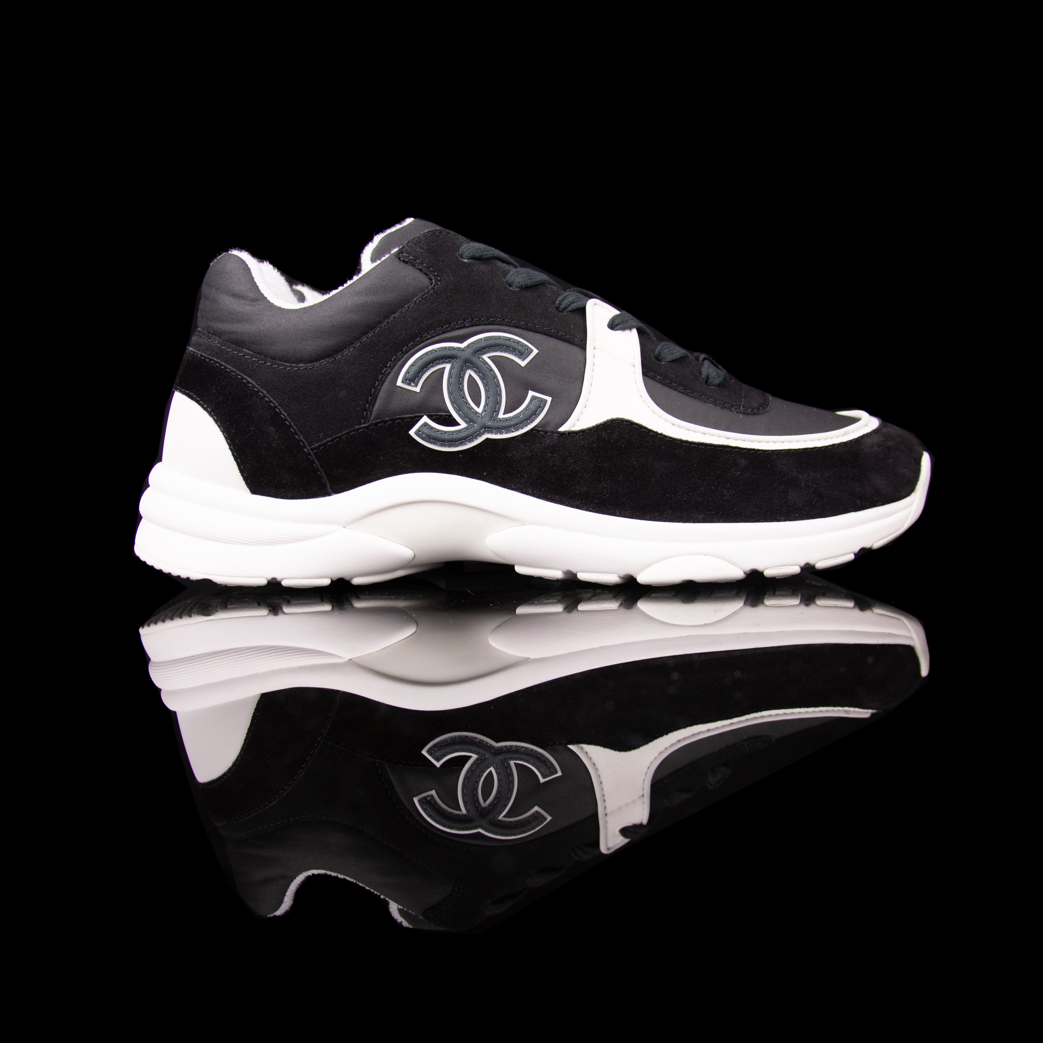 Chanel-CC Sneakers-Pre Order Duration (3-5 Working Days) CC Logo on side White Reflective 3m pipping and back Black, White 3m Release: 2019 Limited Release Suede Nylon 3m-fabriqe.com