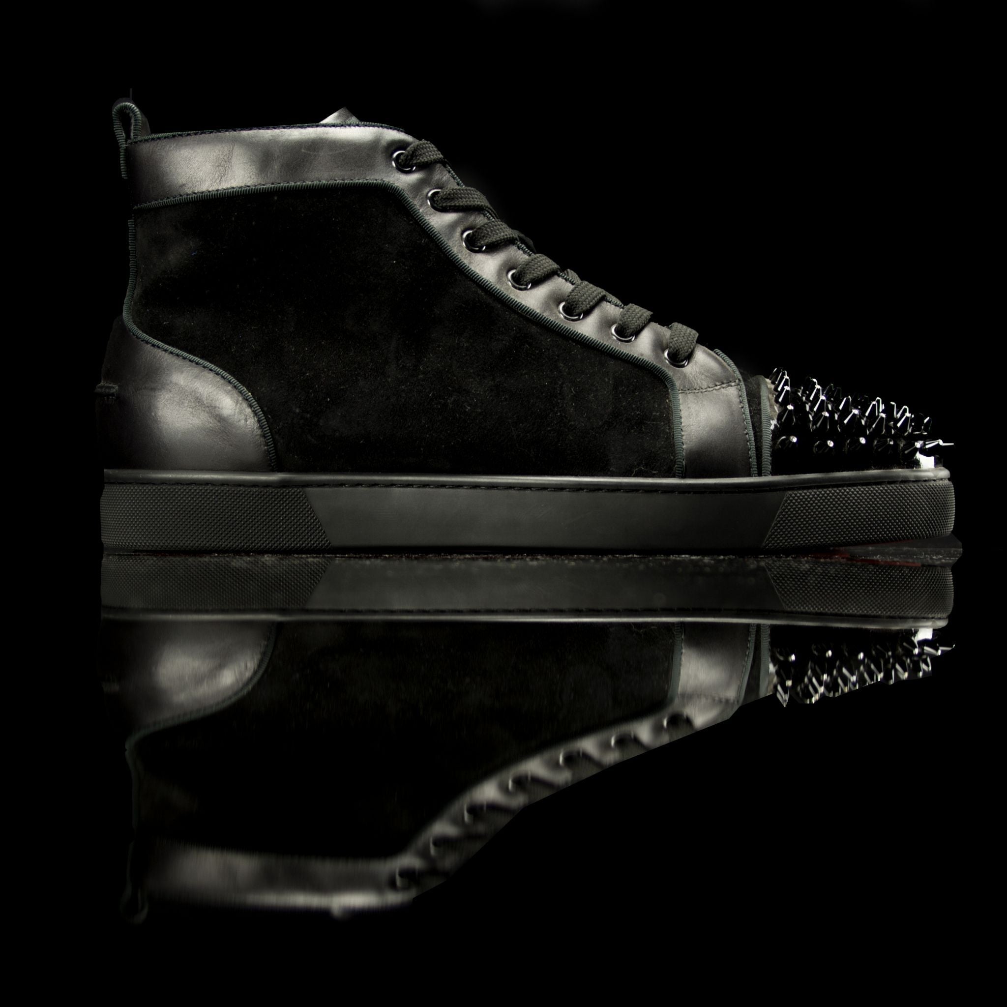 Christian Louboutin-Louis Flat High Spiked Toe-Product Code: 1150410 Colour: Black Black 2014 Release, Discontinued Material: Leather Suede Patent Crystal Spikes-fabriqe.com