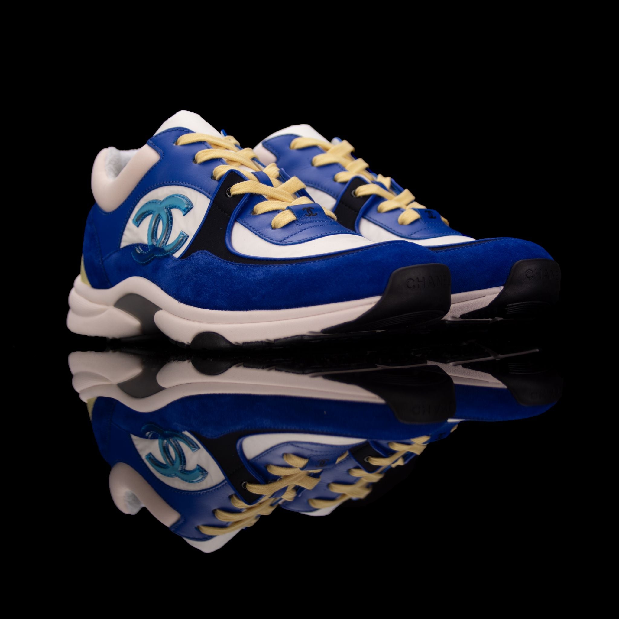 Chanel-CC Sneakers-Pre Order Duration (3-5 Working Days) This item is classed as Women’s CC Logo on side Blue, White, Yellow Release: 2019 Limited Release Lambskin Suede Chanel CC crafted in leather and suede fabric sports CC branding on the side. Yellow 