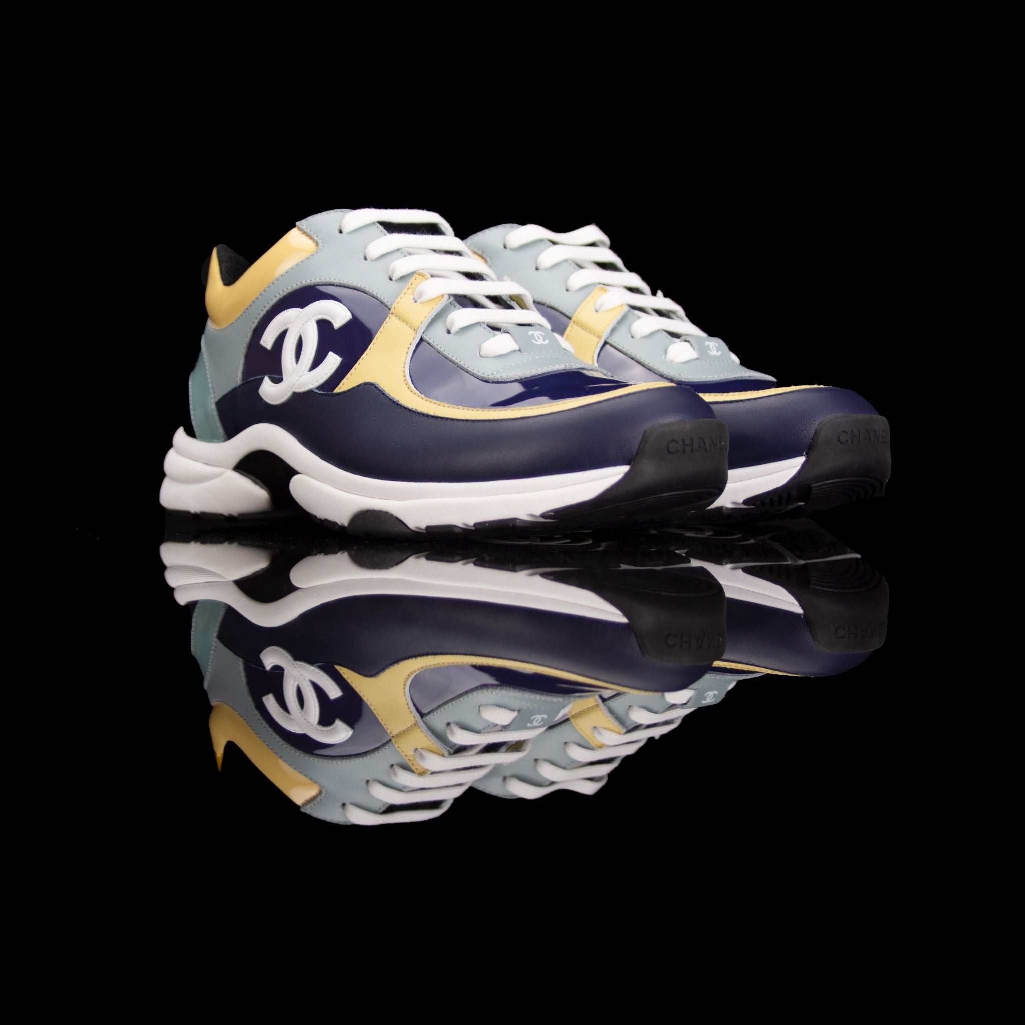 Chanel-CC Sneakers-CC Logo on side Multi Patent, Blue Teal, Yellow Rubber Sole 2018 Release Limited Stock-fabriqe.com