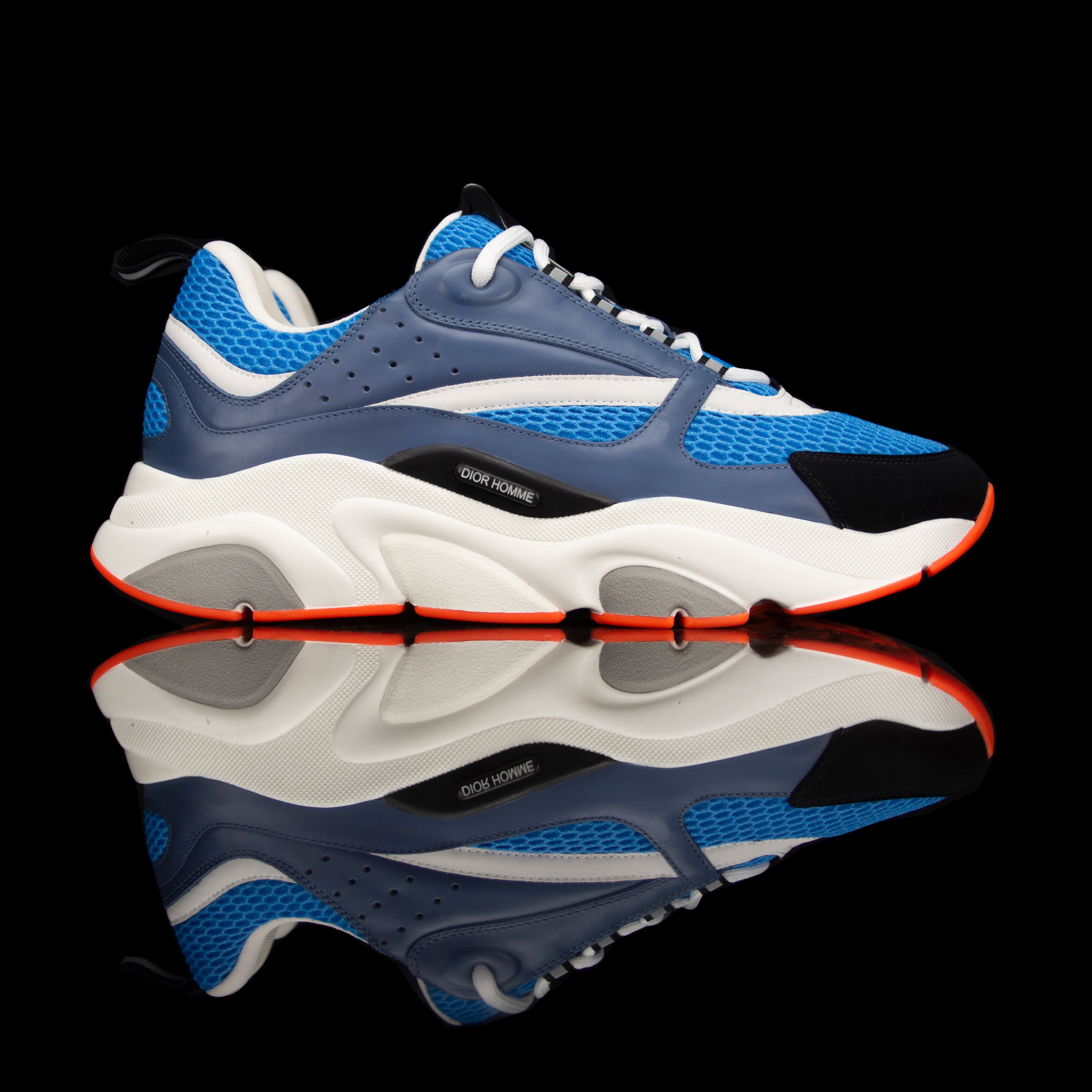 Dior Homme-B22 Sneakers-Pre-Order Duration: 3-5 working days Blue technical knit and black calfskin White cotton laces White nylon lining Black nylon pull tab Orange rubber sole, textured “Dior Homme” logo “Welded” construction-fabriqe.com