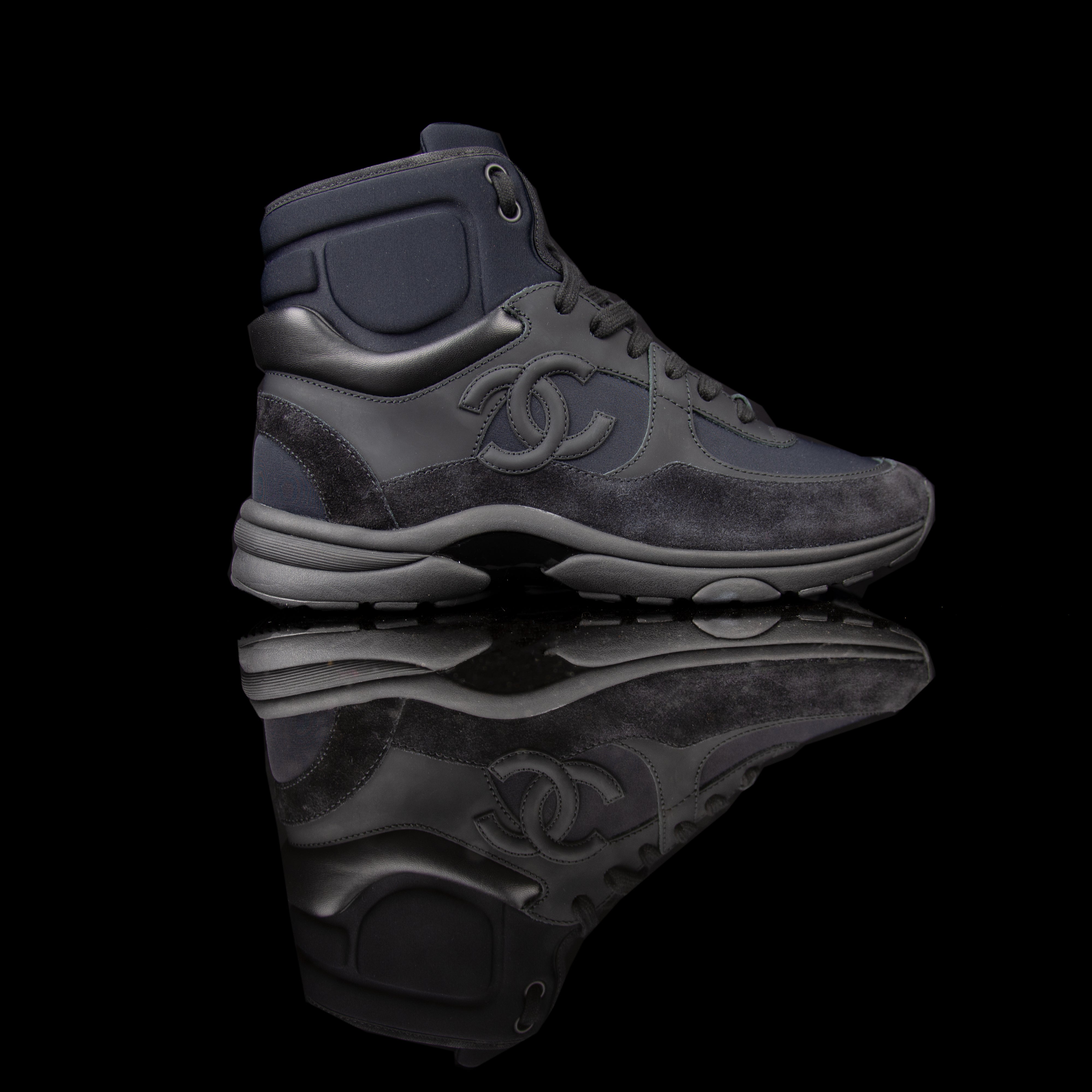 Chanel-CC Sneakers-Pre Order Duration (3-5 Working Days) This item is classed as Women’s CC Logo on side Black Black Release: 2017 Limited Release Lambskin Suede, Leather, Nylon-fabriqe.com