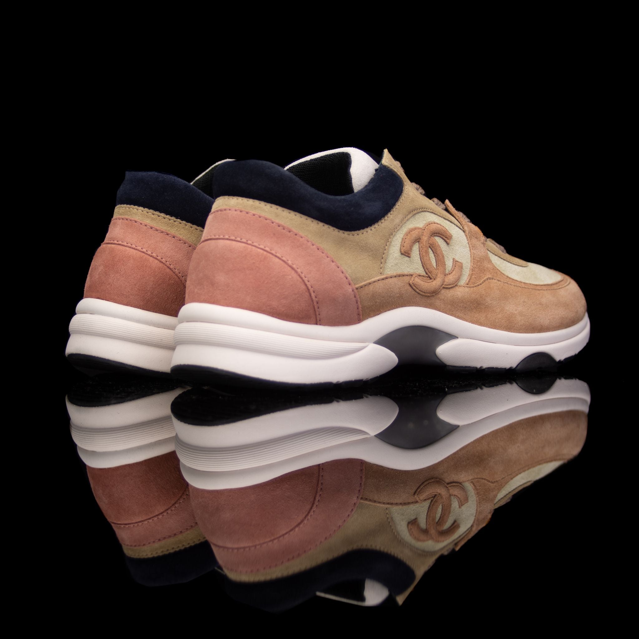 Chanel-CC Sneakers-Pre Order Duration (3-5 Working Days) CC Logo on side Cream, Pink, Navy Suede, Rubber Sole 2018 Release Limited Stock Womens Chanel CC Sneakers Suede is pre-order exclusive. Crafted in pink, cream and navy colour suede fabric. These sne