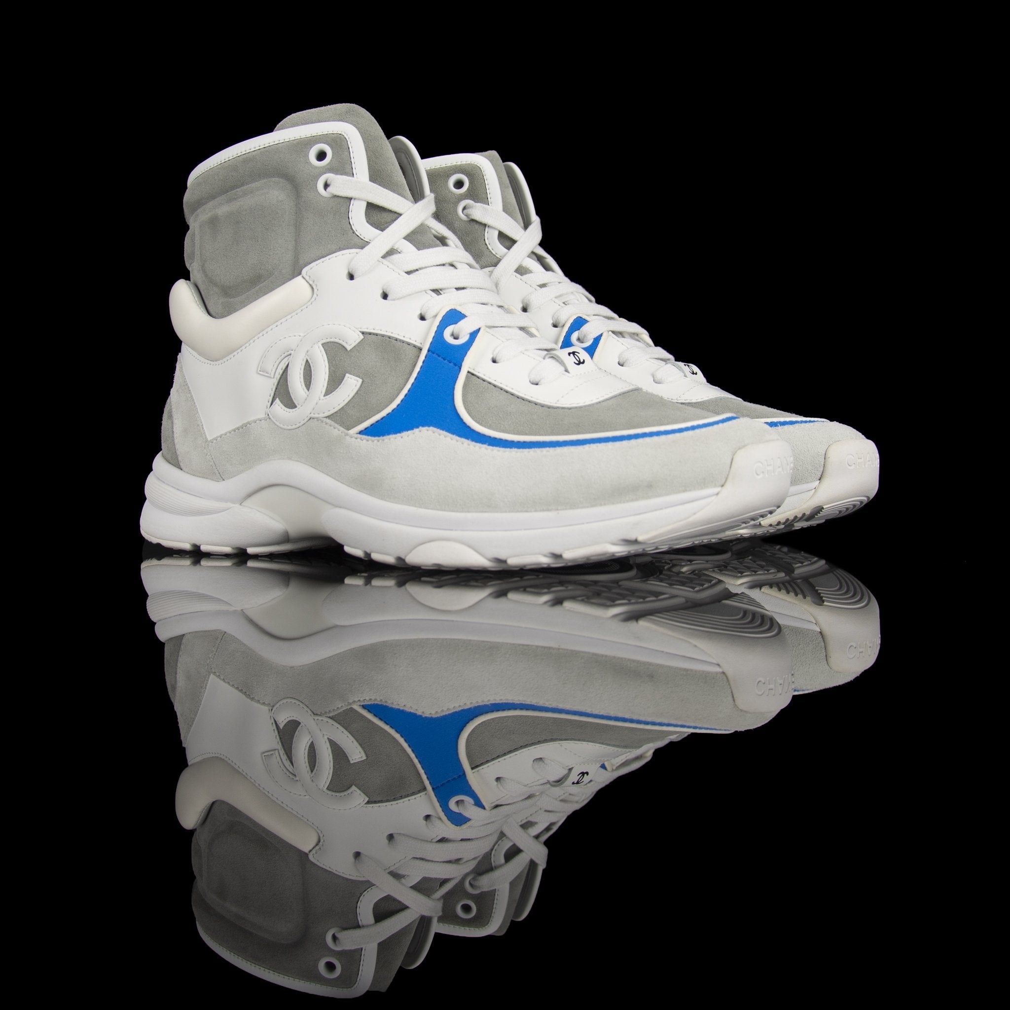 Chanel-CC Sneakers-Pre Order Duration (3-5 Working Days) This item is classed as Women’s CC Logo on side White, Grey, Blue Release: 2018 Limited Release Lambskin Leather & Calf Skin Suede-fabriqe.com