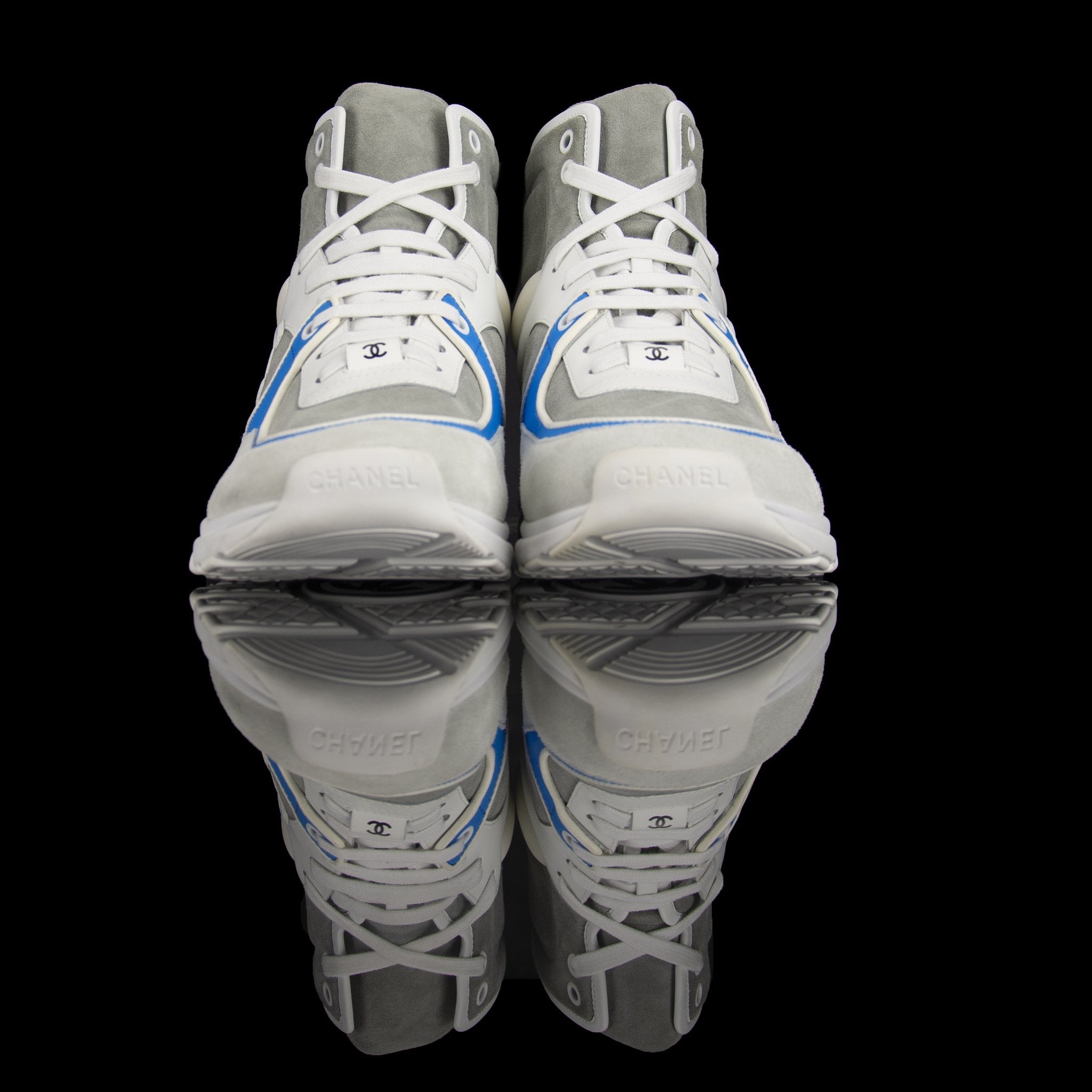 Chanel-CC Sneakers-Pre Order Duration (3-5 Working Days) This item is classed as Women’s CC Logo on side White, Grey, Blue Release: 2018 Limited Release Lambskin Leather & Calf Skin Suede-fabriqe.com