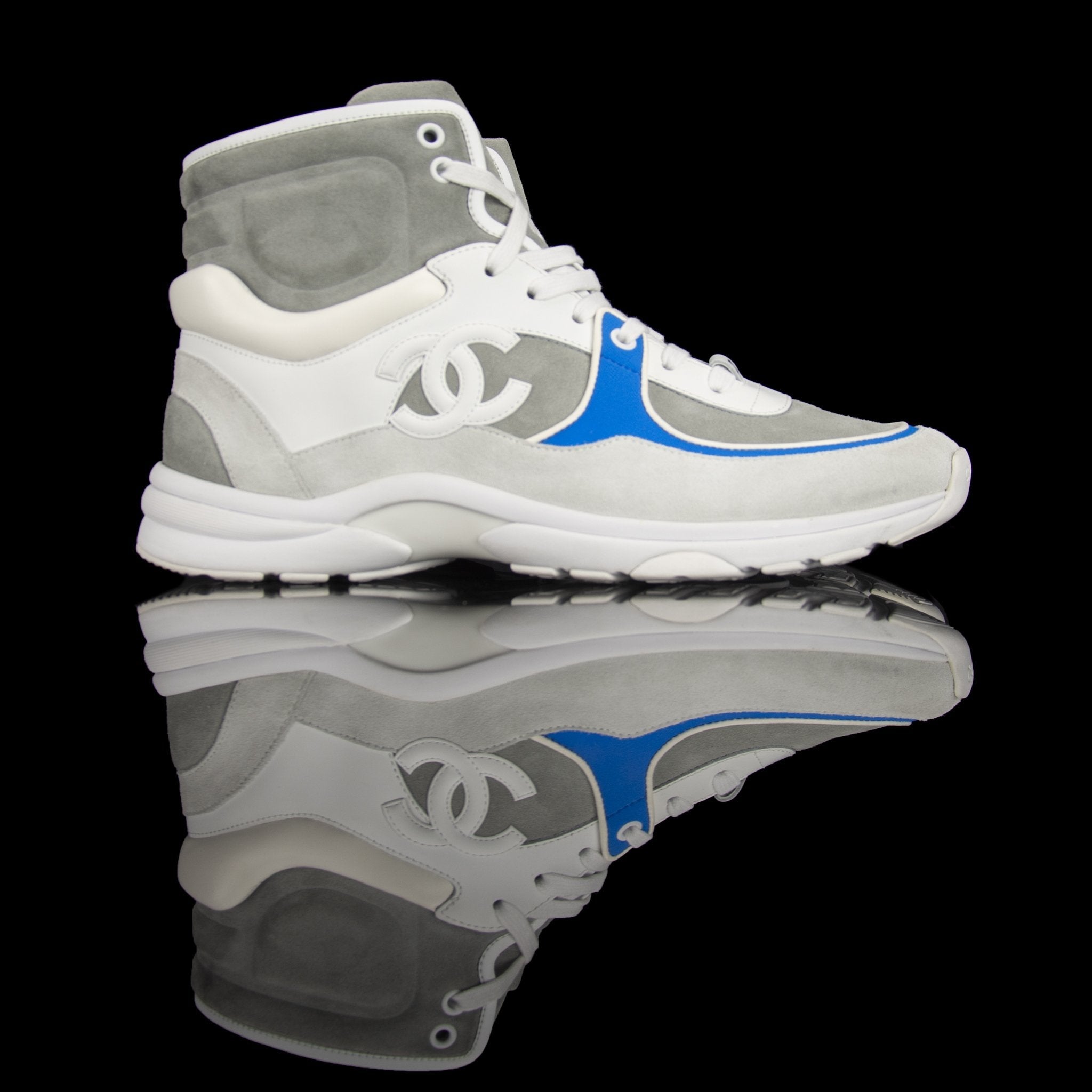 Chanel-CC Sneakers-Pre Order Duration (3-5 Working Days) This item is classed as Women’s CC Logo on side White, Grey, Blue Release: 2018 Limited Release Lambskin Leather & Calf Skin Suede-fabriqe.com