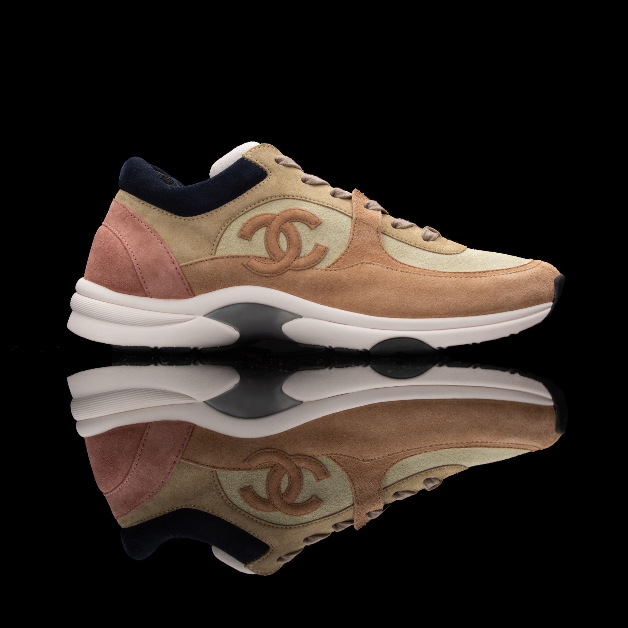 Chanel-CC Sneakers-Pre Order Duration (3-5 Working Days) CC Logo on side Cream, Pink, Navy Suede, Rubber Sole 2018 Release Limited Stock Womens Chanel CC Sneakers Suede is pre-order exclusive. Crafted in pink, cream and navy colour suede fabric. These sne