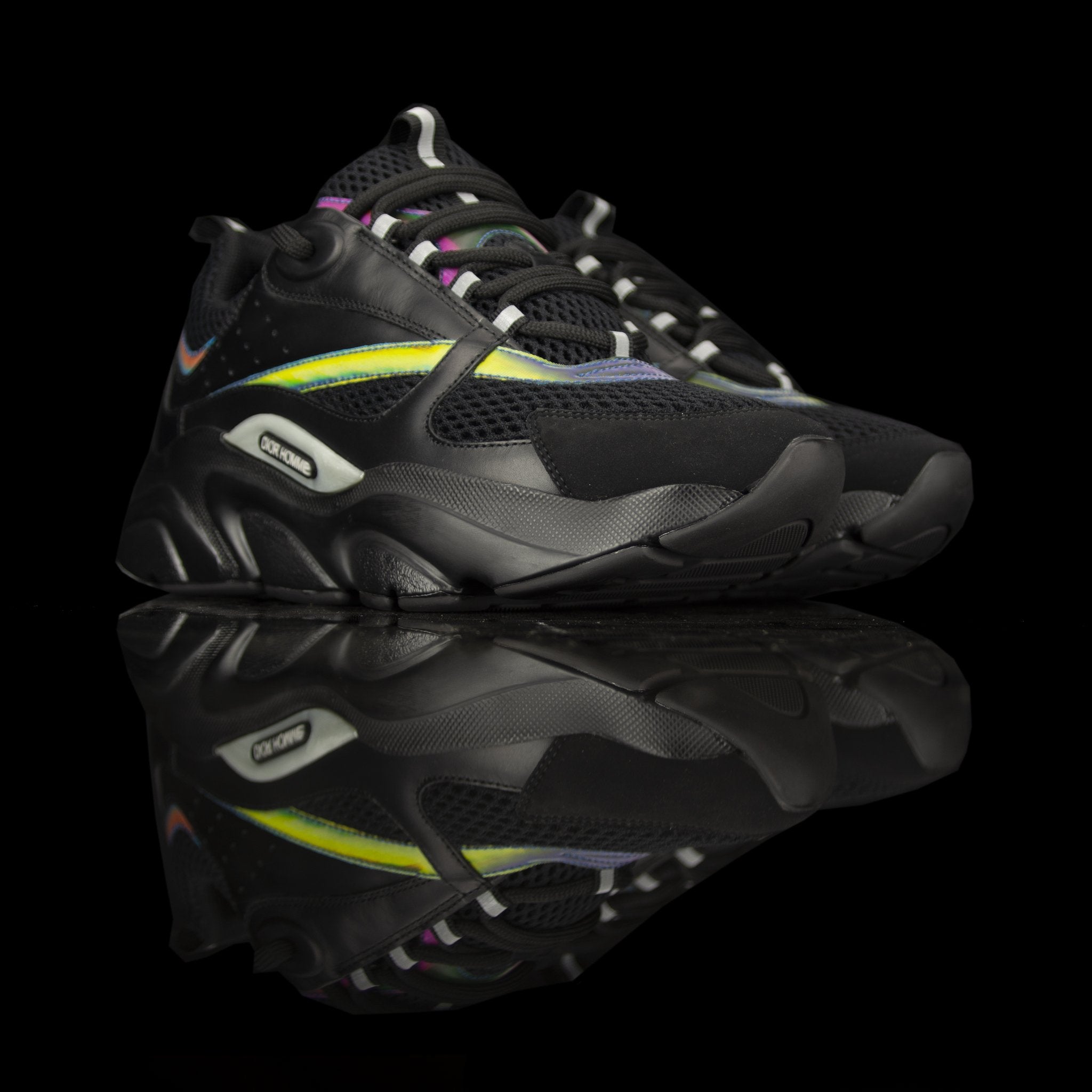 Dior Homme-B22 Sneakers-Black technical knit and black calfskin Black cotton laces Black nylon lining Black nylon pull tab Iridescent Strip, black rubber sole, textured "Dior Homme" logo "Welded" construction Christian Dior launched B22 Sneakers textured 