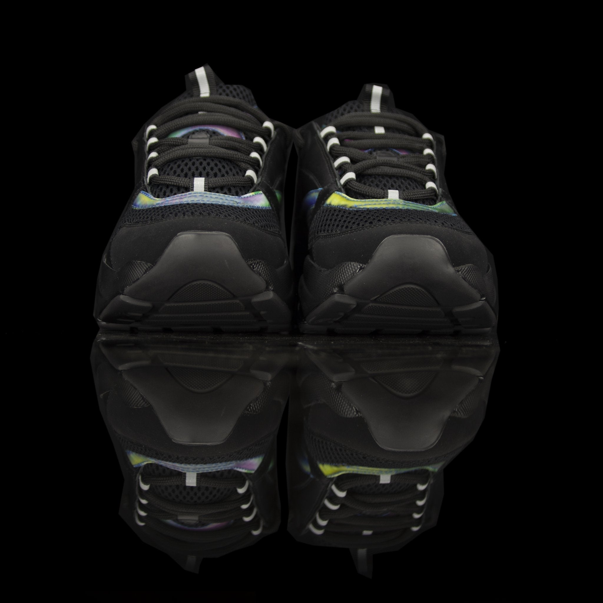 Dior Homme-B22 Sneakers-Black technical knit and black calfskin Black cotton laces Black nylon lining Black nylon pull tab Iridescent Strip, black rubber sole, textured "Dior Homme" logo "Welded" construction Christian Dior launched B22 Sneakers textured 