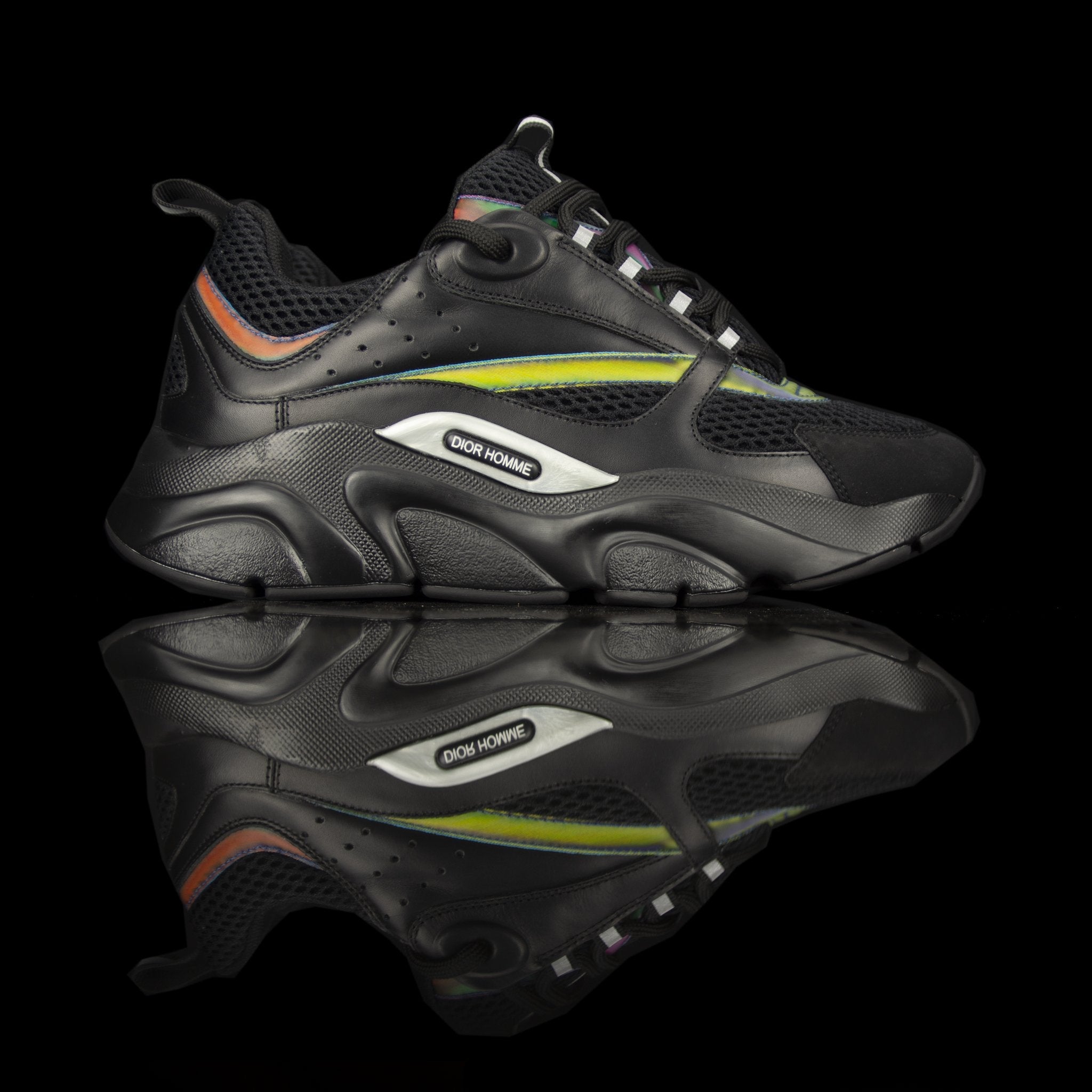 Dior Homme-B22 Sneakers-Black technical knit and black calfskin Black cotton laces Black nylon lining Black nylon pull tab Iridescent Strip, black rubber sole, textured "Dior Homme" logo "Welded" construction Christian Dior launched B22 Sneakers textured 
